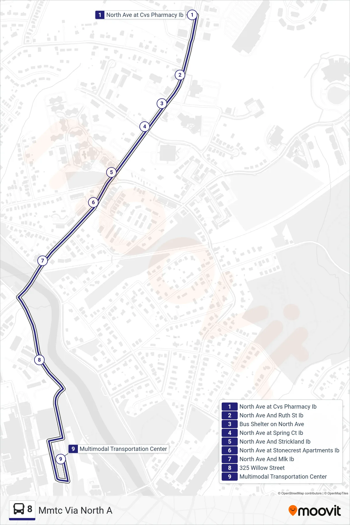 8 bus Line (Mmtc Via North A) route and stops on a map