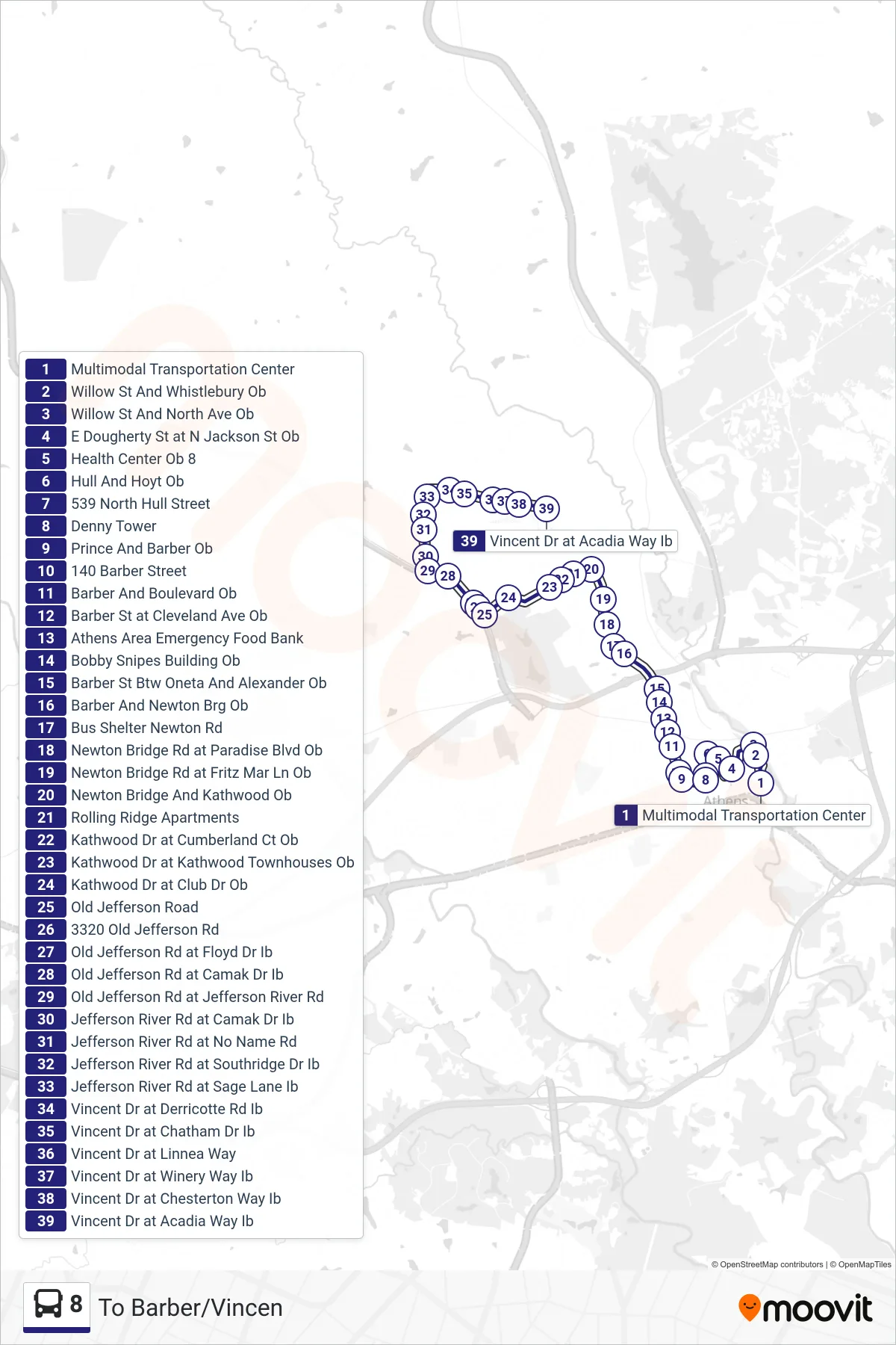 8 bus Line (To Barber/Vincen) route and stops on a map