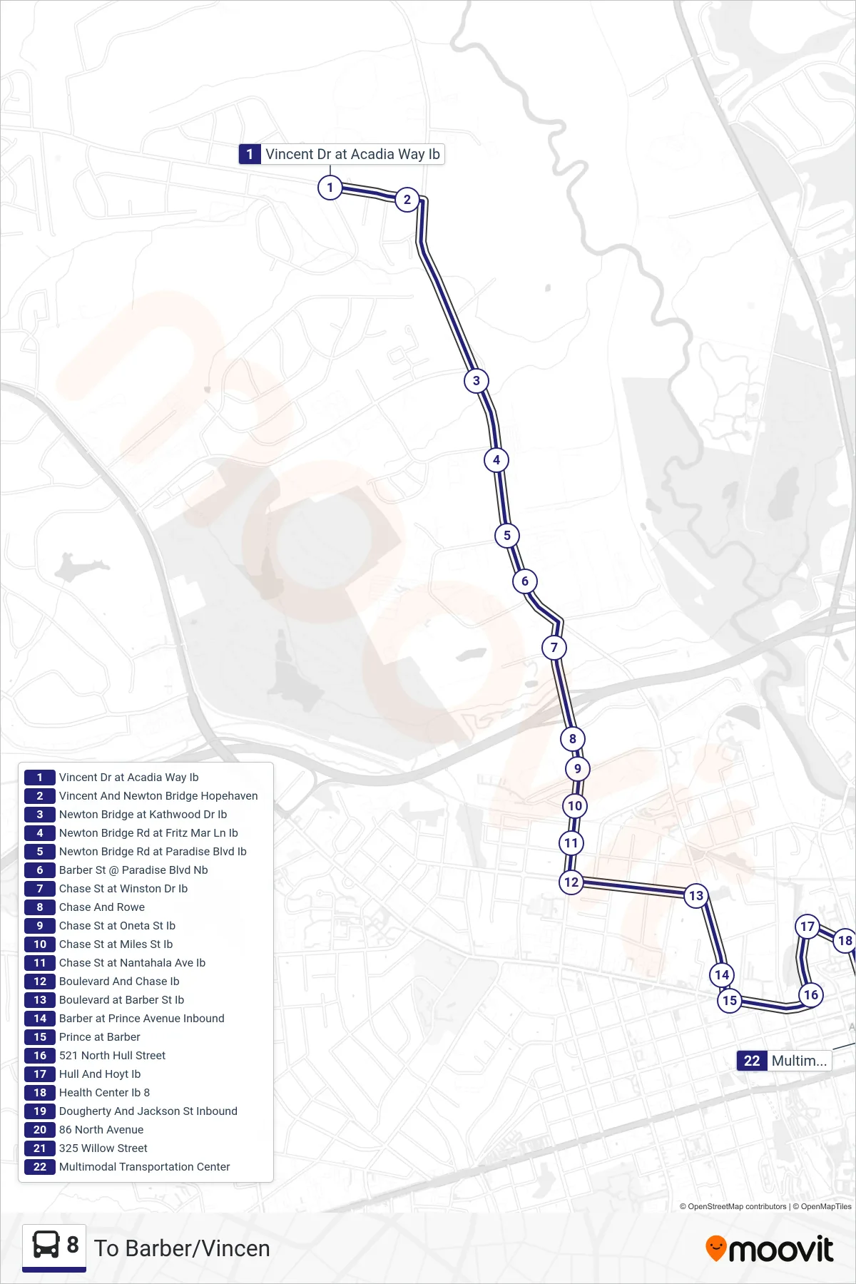 8 bus Line (To Barber/Vincen) route and stops on a map
