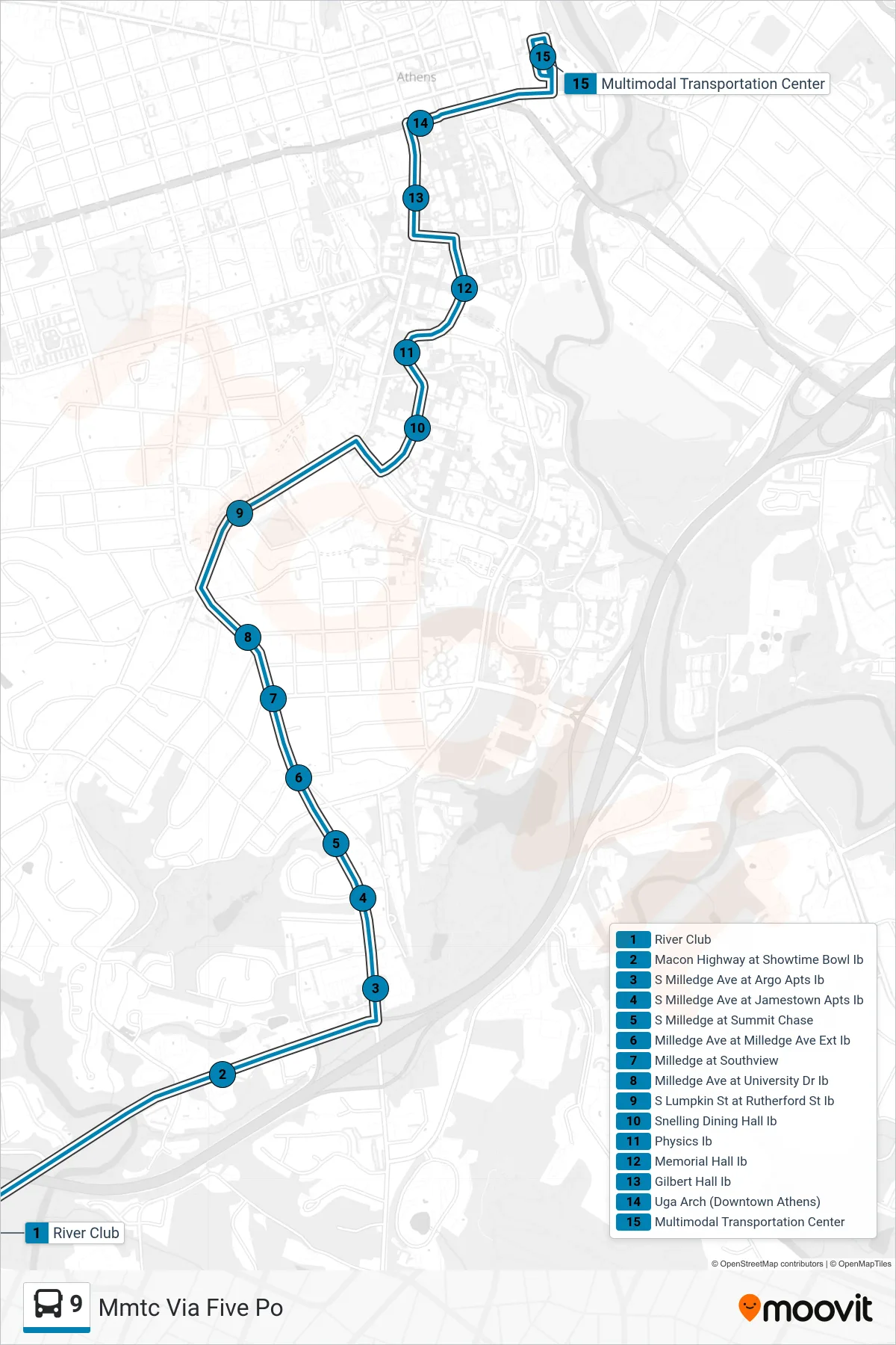 9 bus Line (Mmtc Via Five Po) route and stops on a map