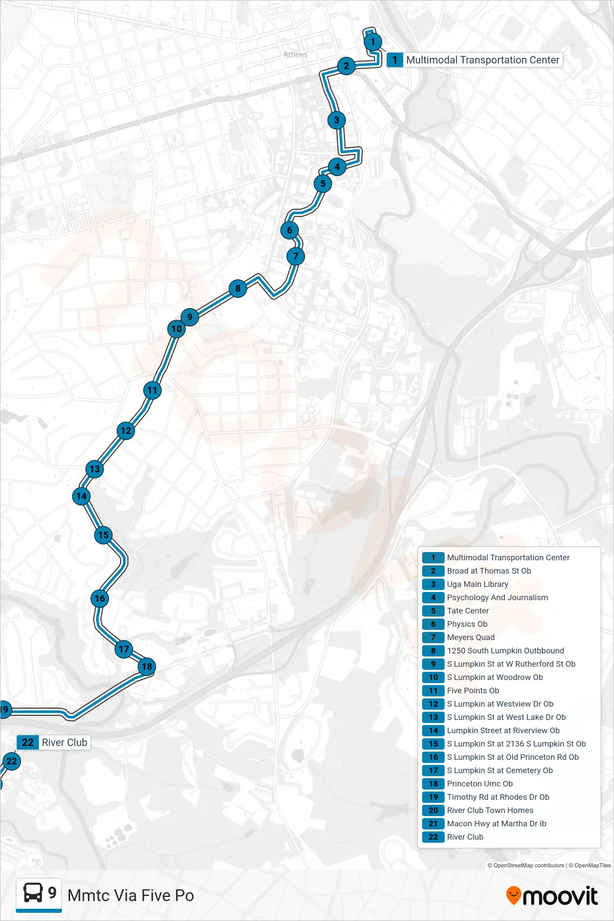 9 bus Line (Mmtc Via Five Po) route and stops on a map