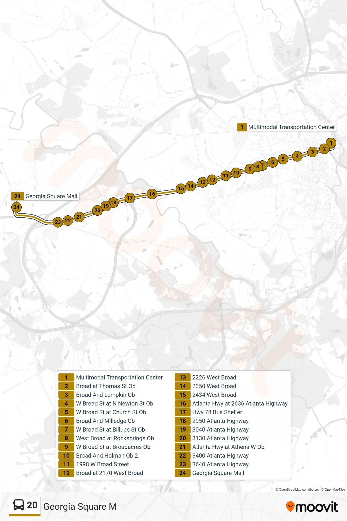 20 bus Line (Georgia Square M) route and stops on a map