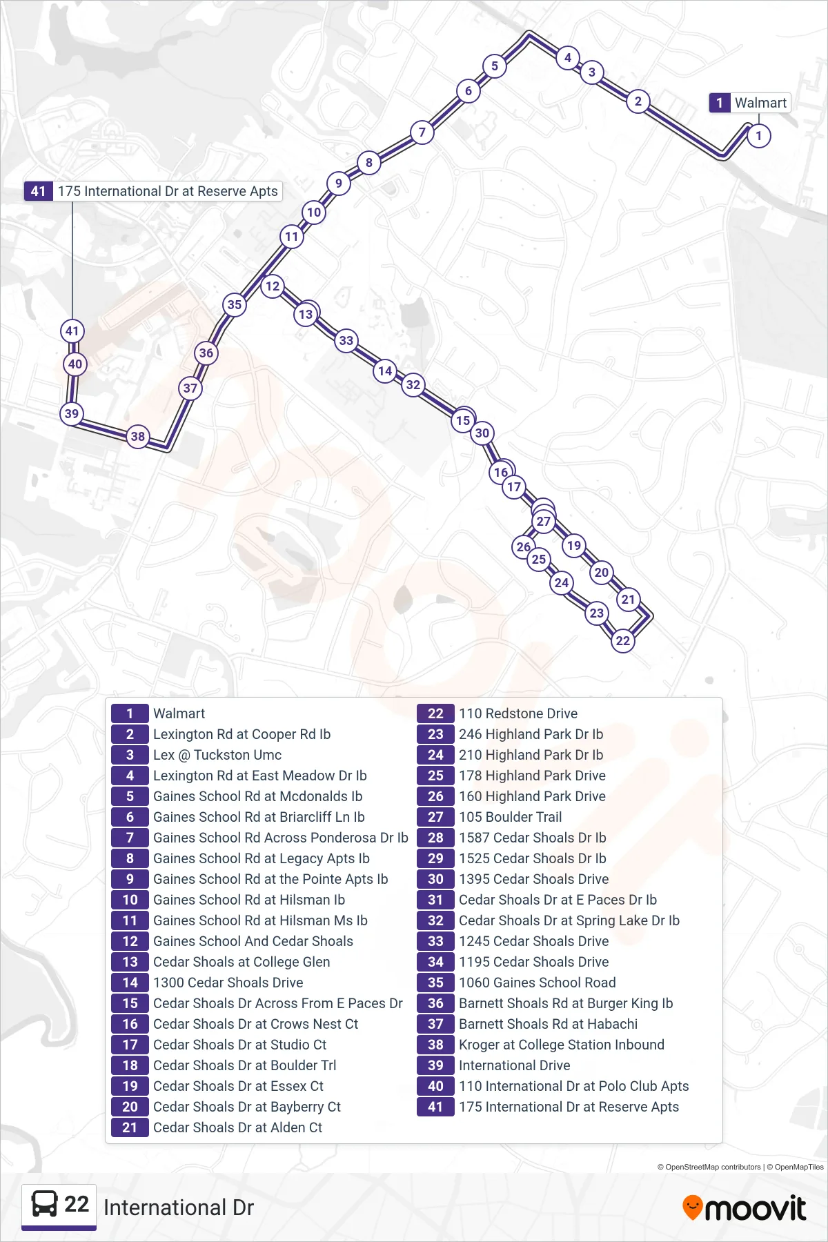 22 bus Line (International Dr) route and stops on a map