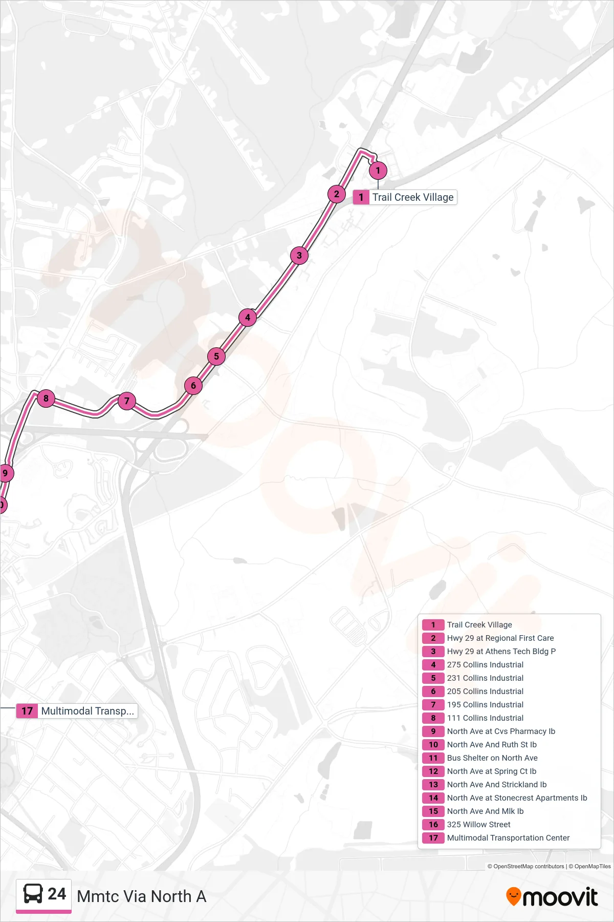 24 bus Line (Mmtc Via North A) route and stops on a map