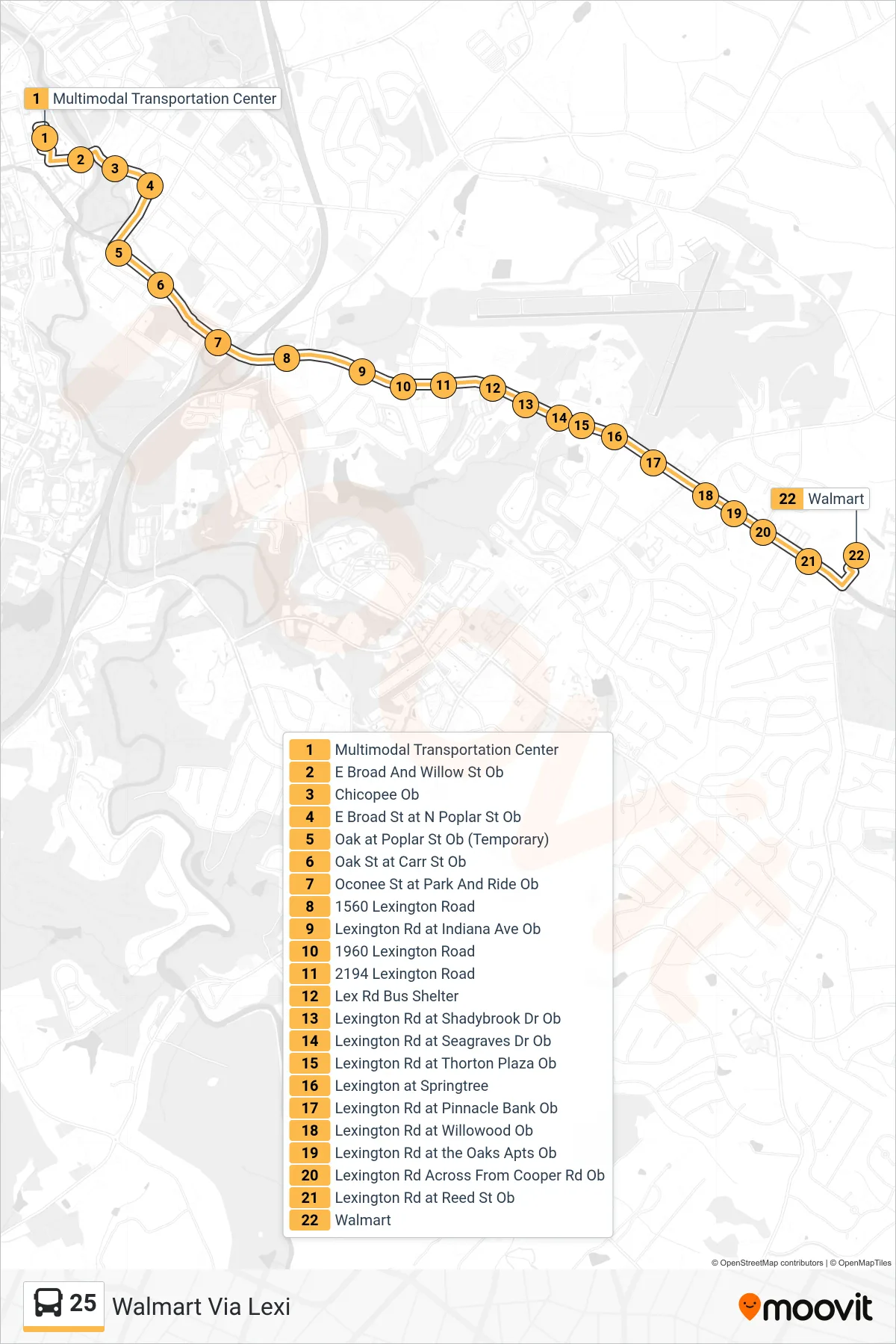 25 bus Line (Walmart Via Lexi) route and stops on a map