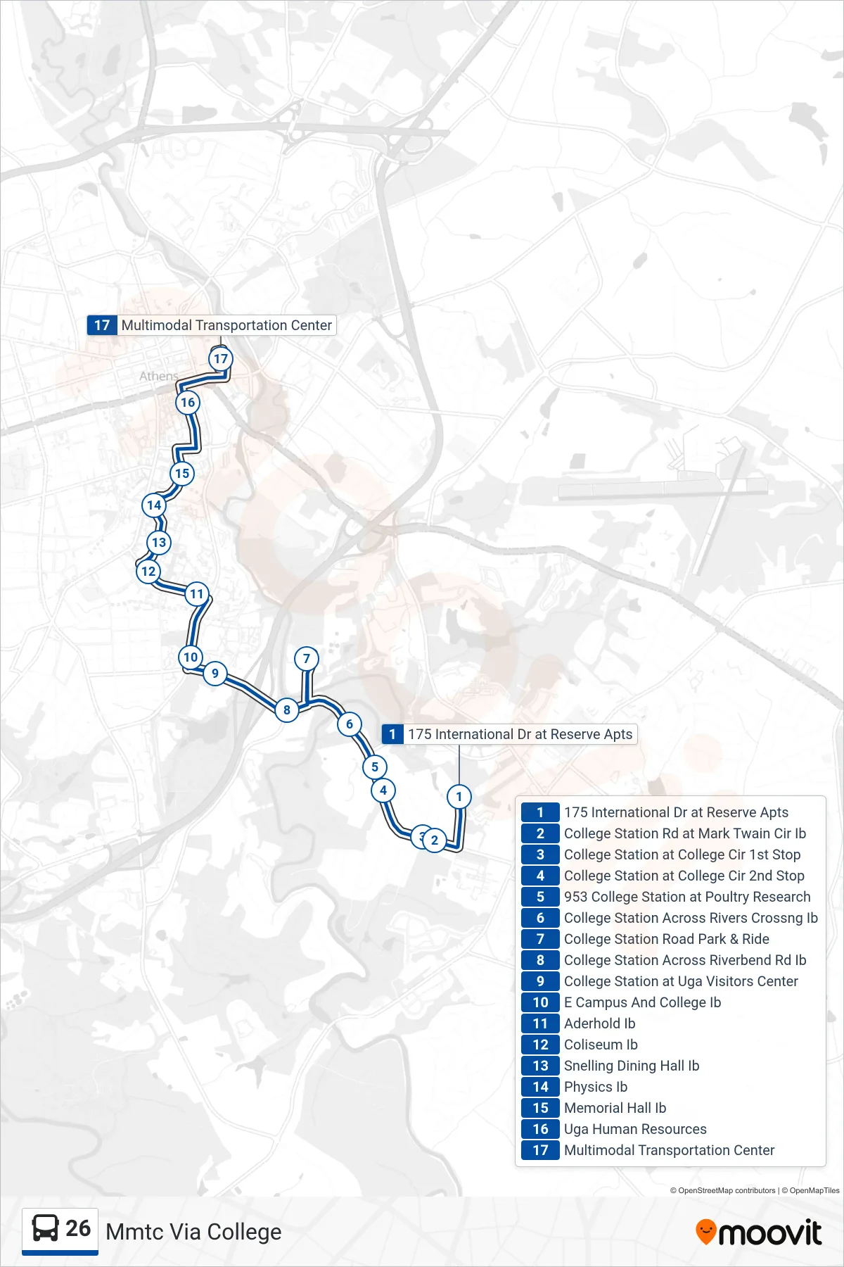 26 bus Line (Mmtc Via College) route and stops on a map