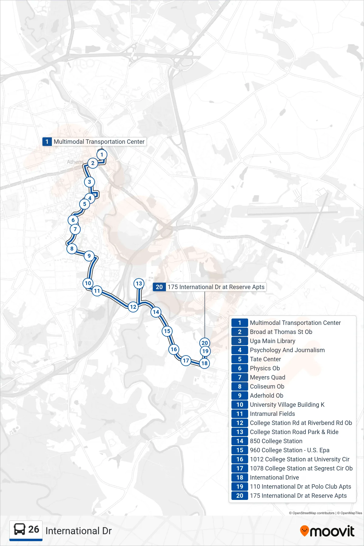 26 bus Line (International Dr) route and stops on a map
