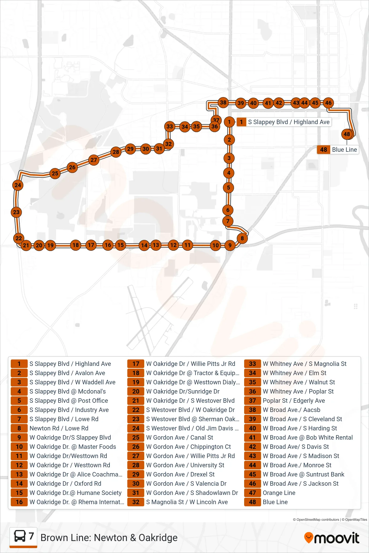 7 bus Line route and stops on a map