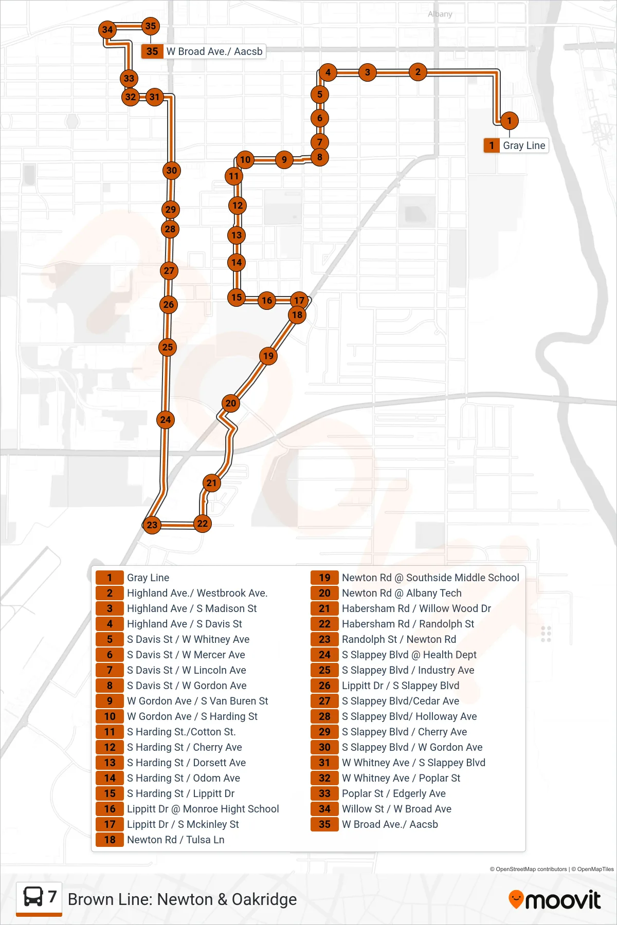 7 bus Line route and stops on a map