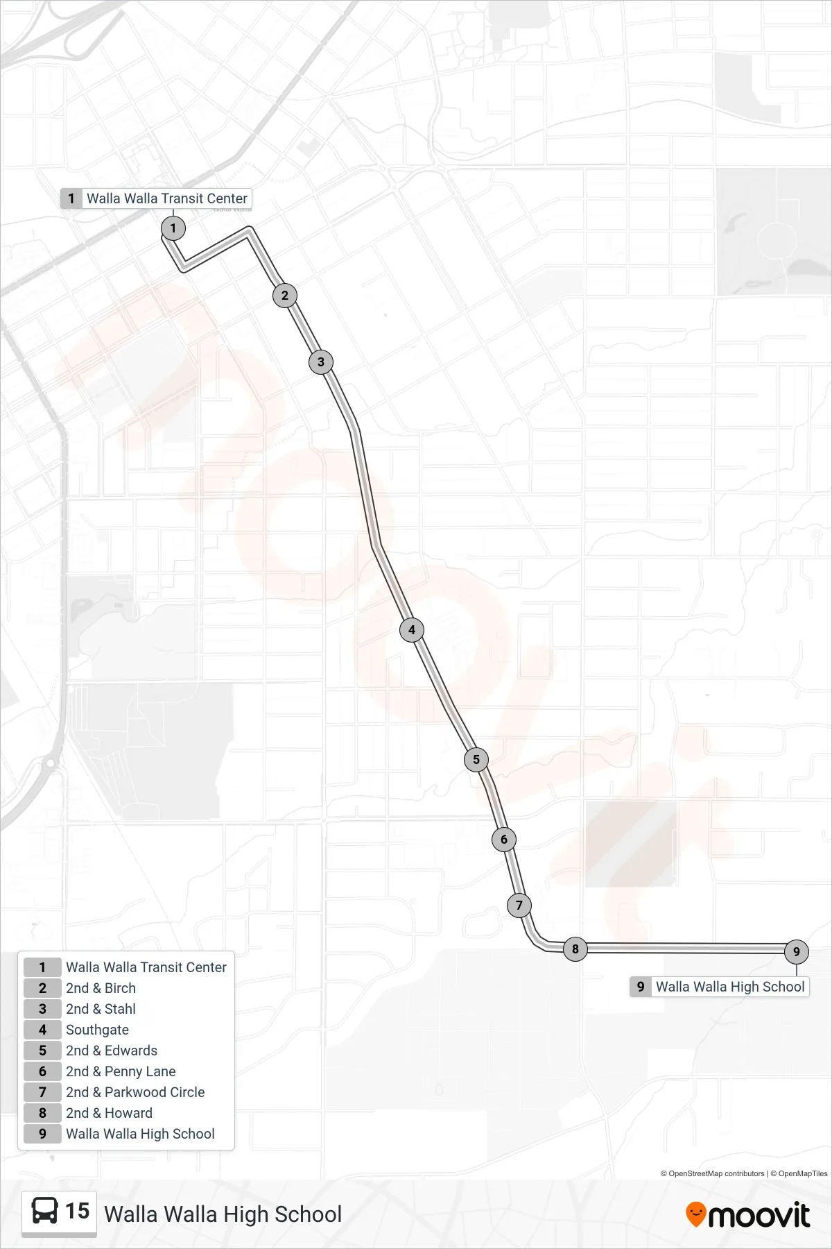15 bus Line (Walla Walla High School) route and stops on a map