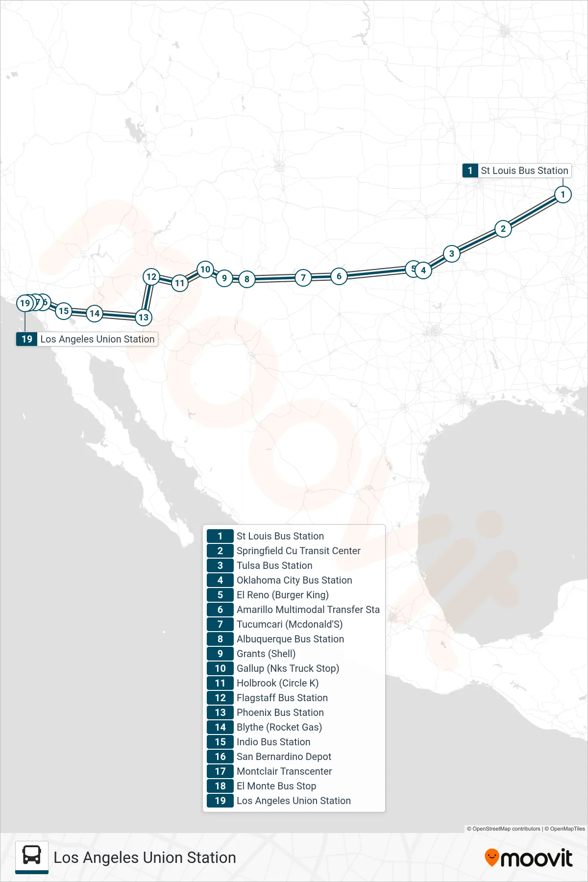 GREYHOUND US1210 bus Line (Los Angeles Union Station) route and stops on a map