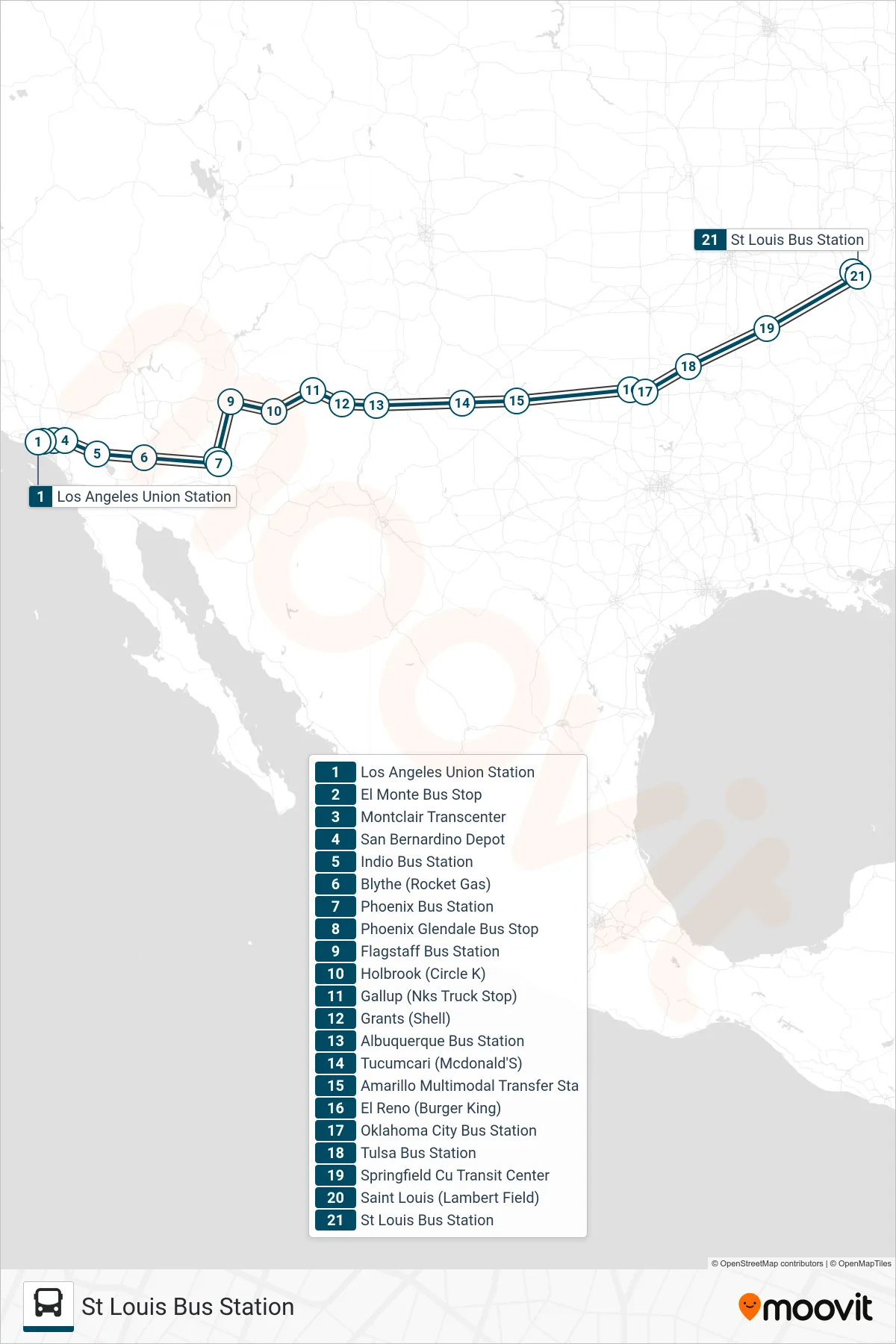 GREYHOUND US1210 bus Line (St Louis Bus Station) route and stops on a map