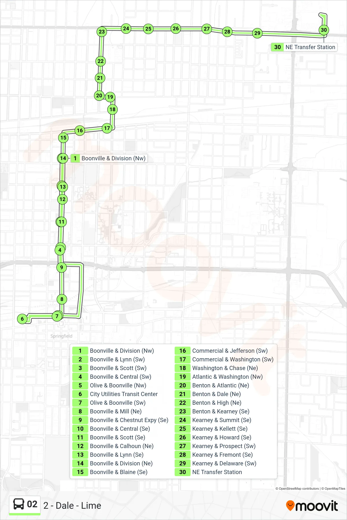 02 bus Line (2 - Dale - Lime) route and stops on a map