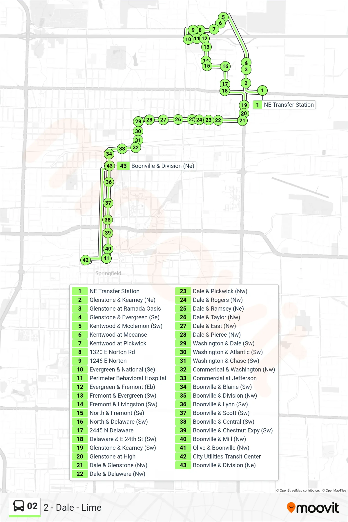 02 bus Line (2 - Dale - Lime) route and stops on a map