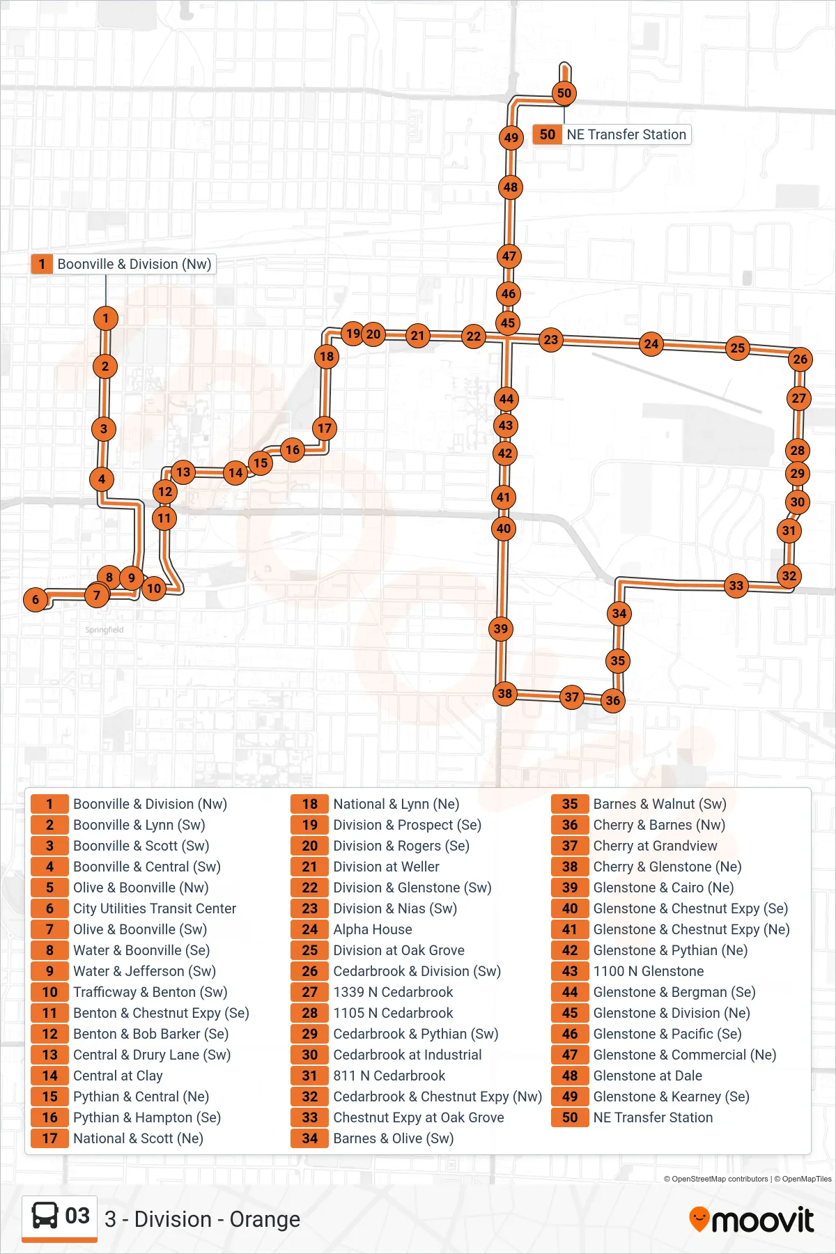 03 bus Line (3 - Division - Orange) route and stops on a map