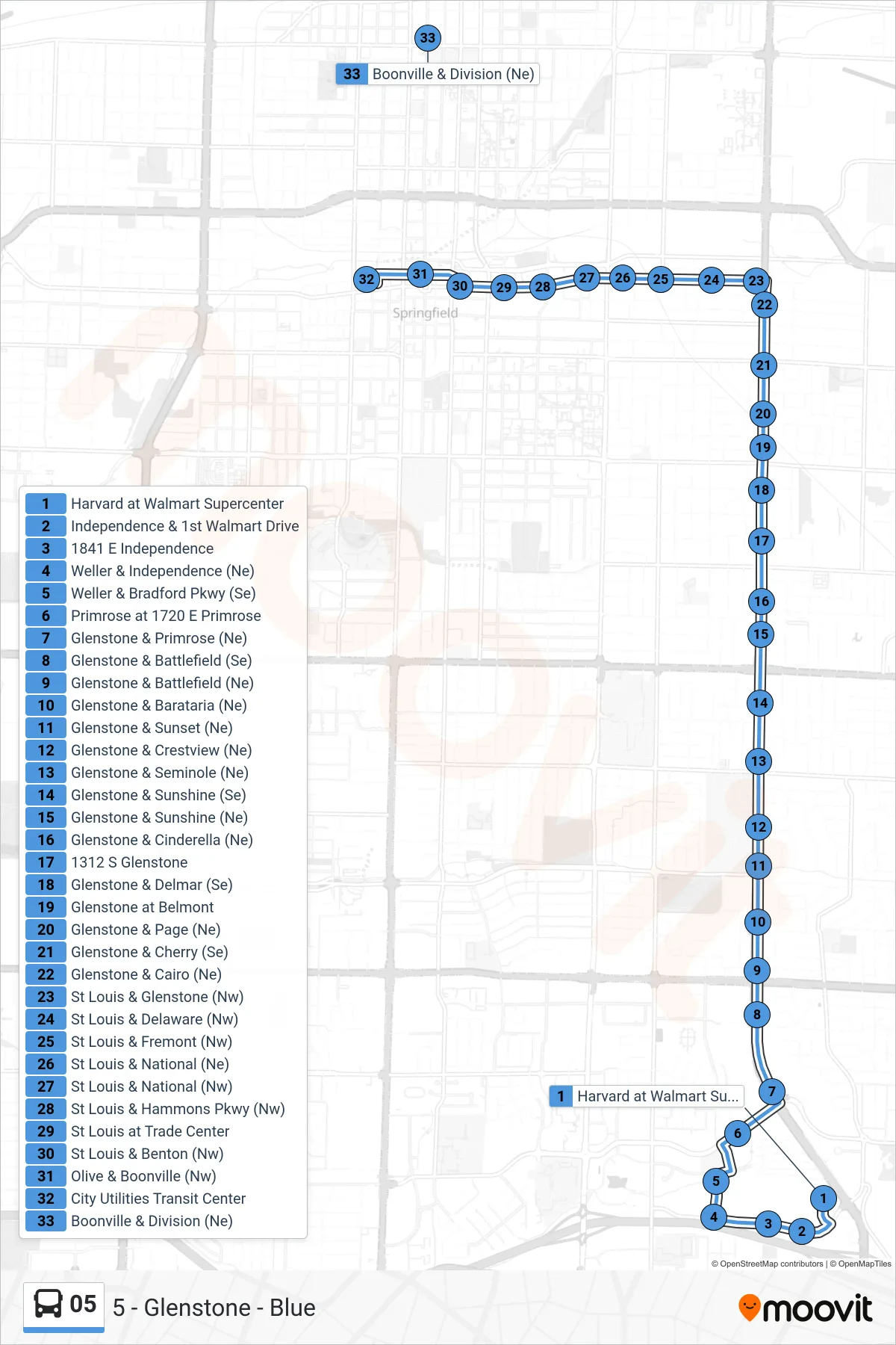 05 bus Line (5 - Glenstone - Blue) route and stops on a map