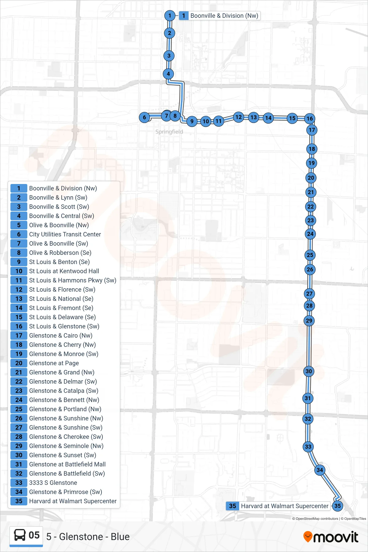 05 bus Line (5 - Glenstone - Blue) route and stops on a map