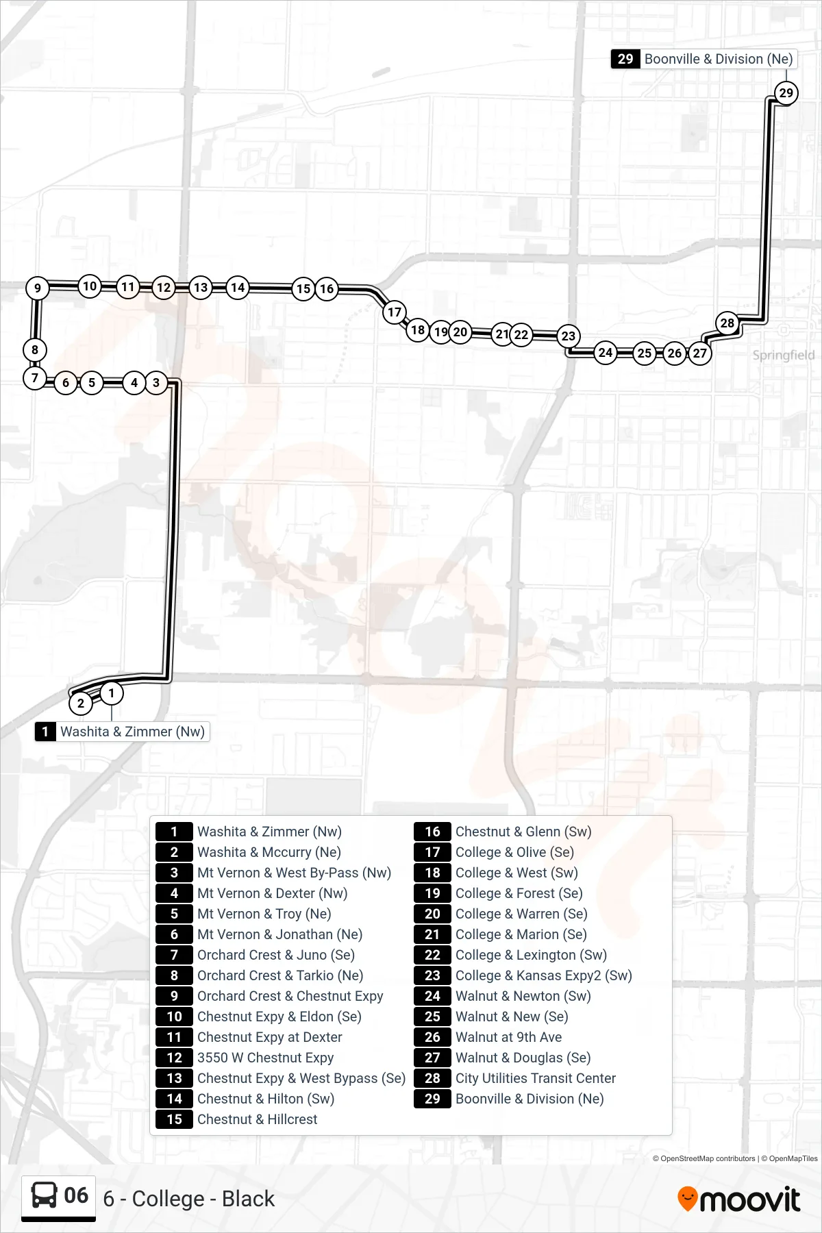 06 bus Line (6 - College - Black) route and stops on a map