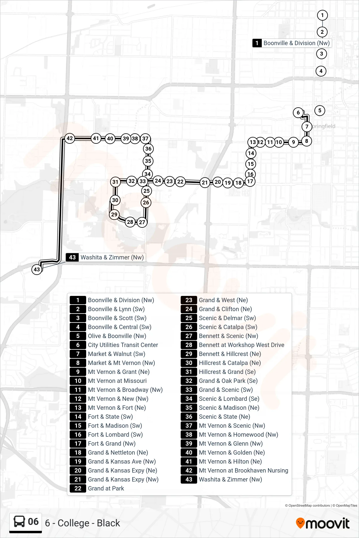 06 bus Line (6 - College - Black) route and stops on a map