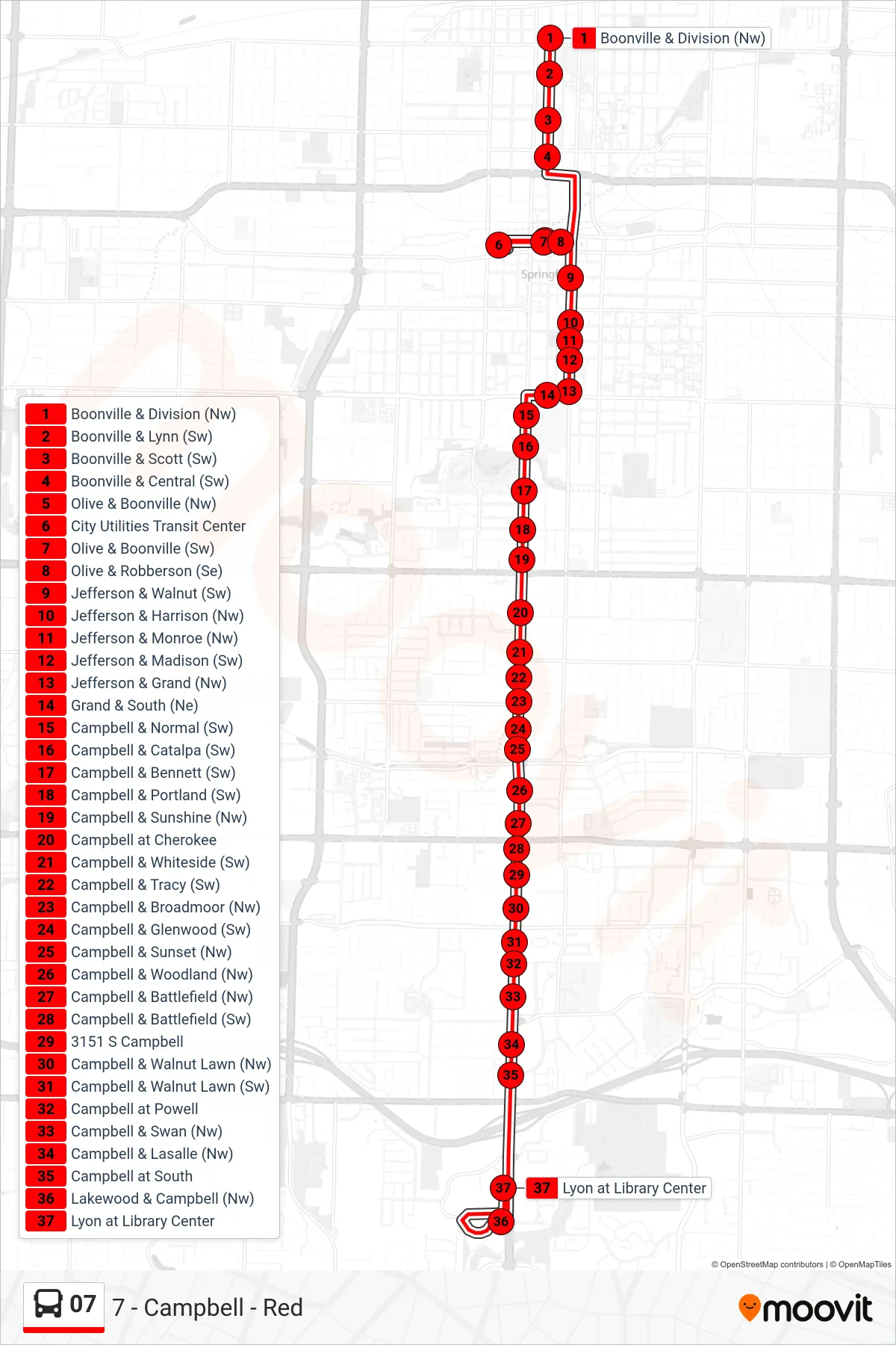 07 bus Line (7 - Campbell - Red) route and stops on a map