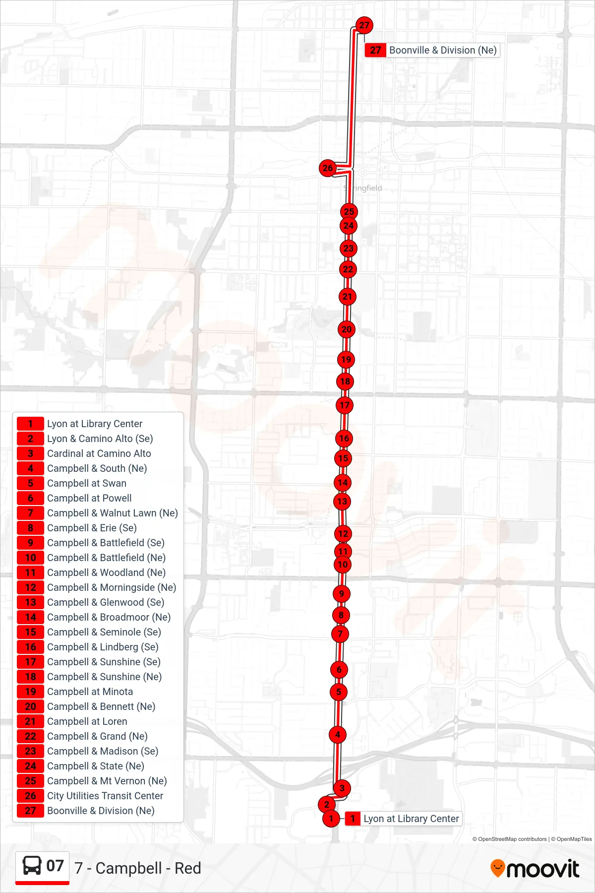 07 bus Line (7 - Campbell - Red) route and stops on a map