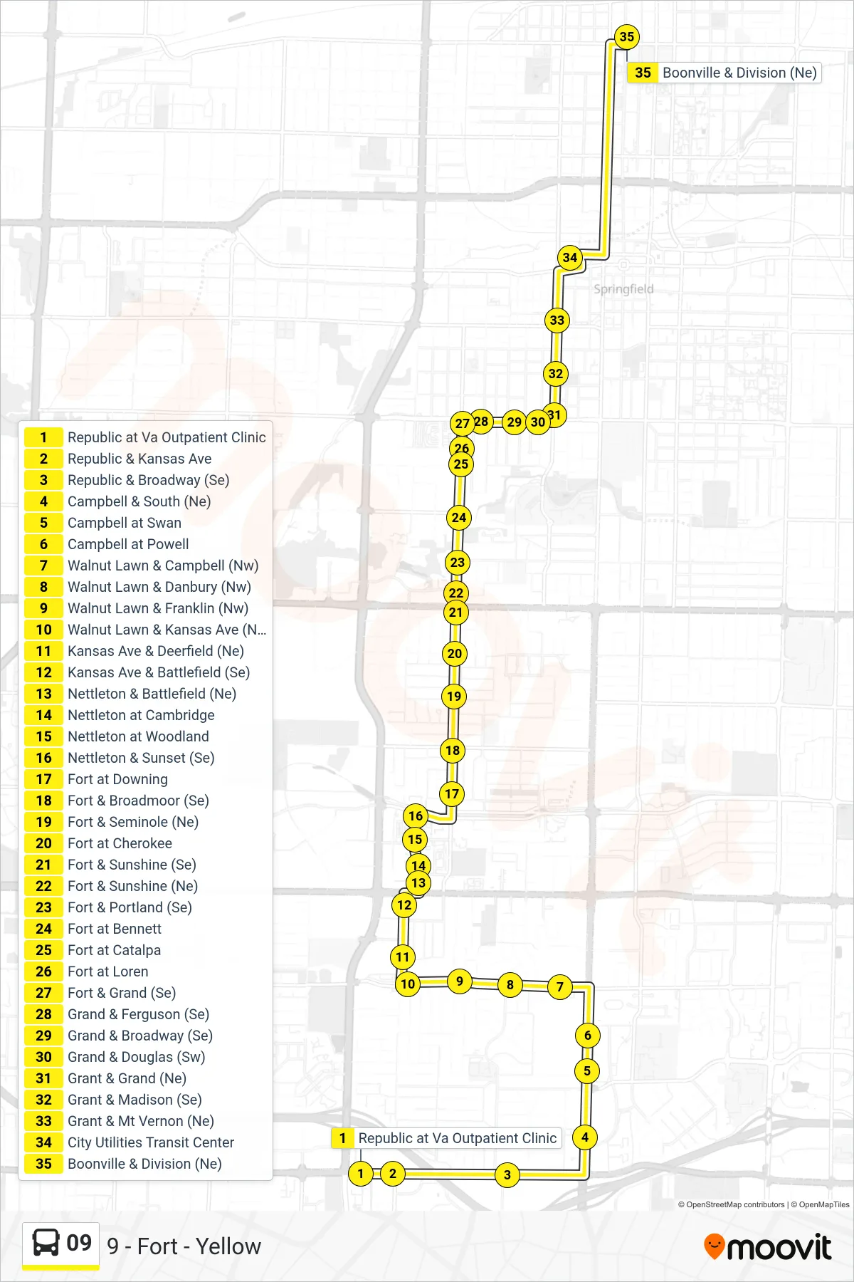 09 bus Line (9 - Fort - Yellow) route and stops on a map