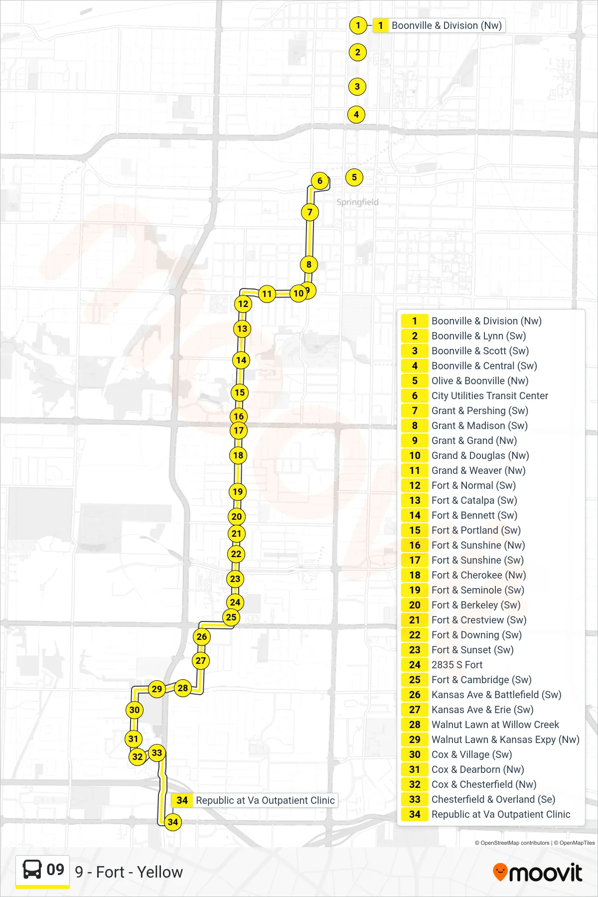 09 bus Line (9 - Fort - Yellow) route and stops on a map