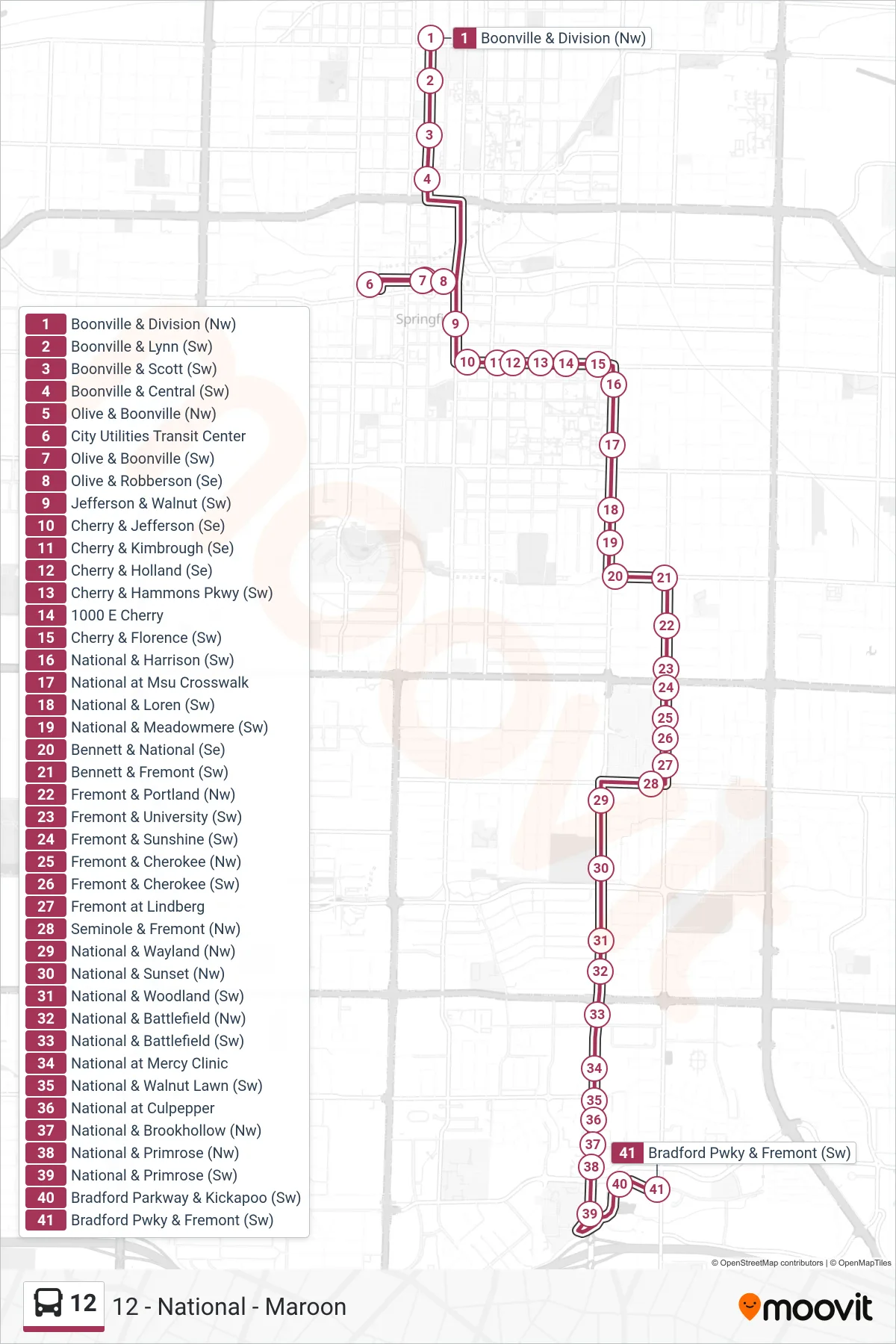 12 bus Line (12 - National - Maroon) route and stops on a map
