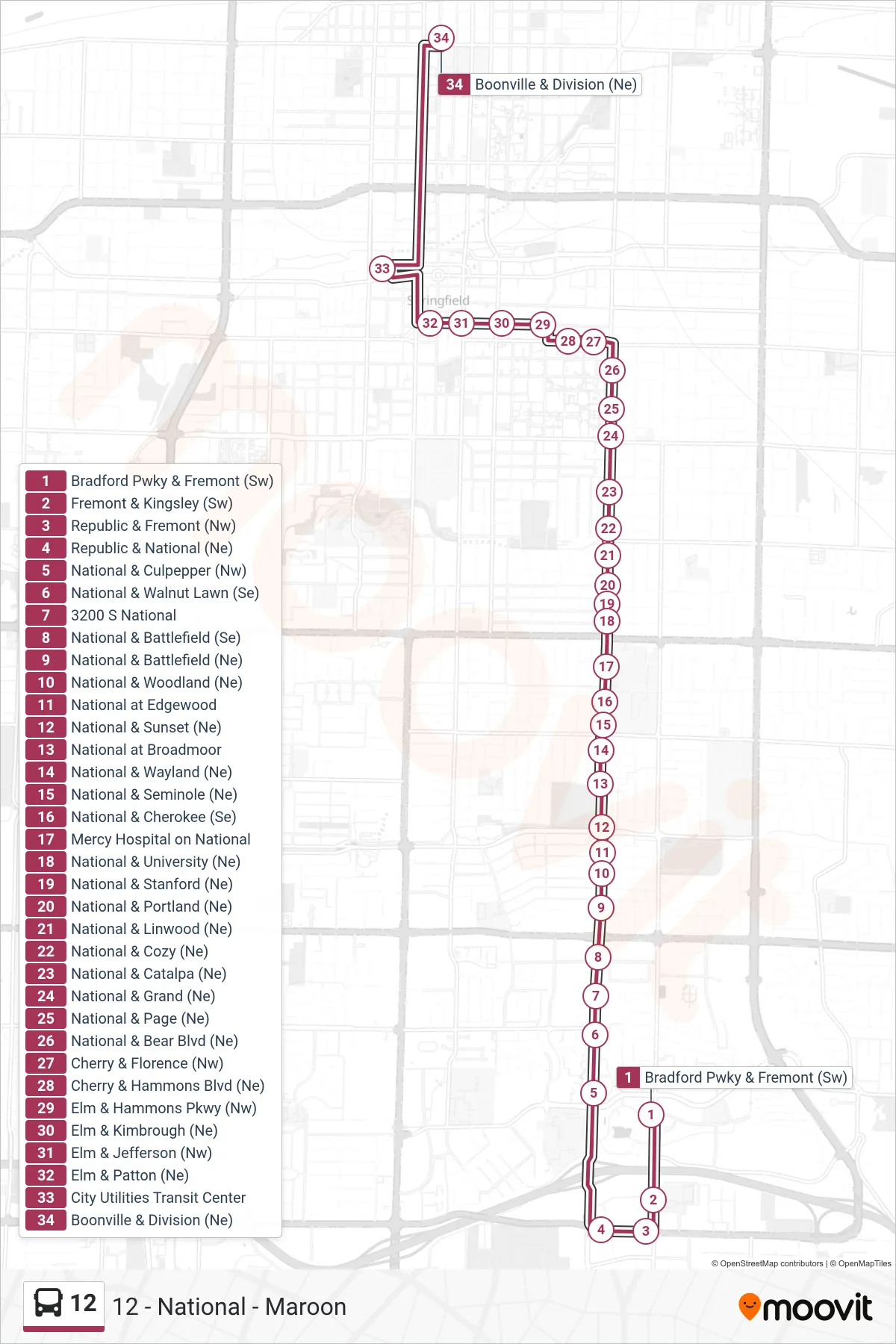 12 bus Line (12 - National - Maroon) route and stops on a map