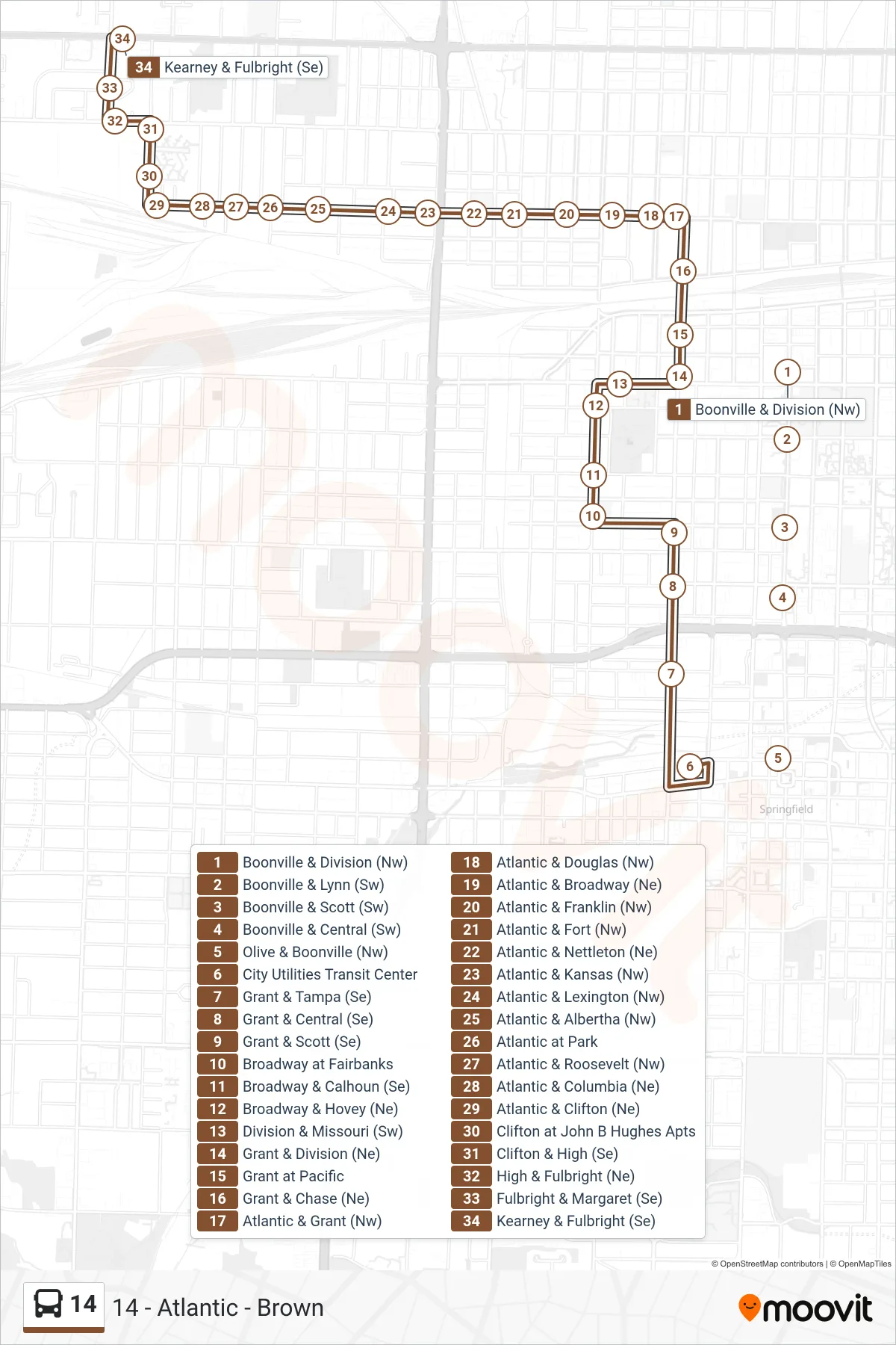 14 bus Line (14 - Atlantic - Brown) route and stops on a map