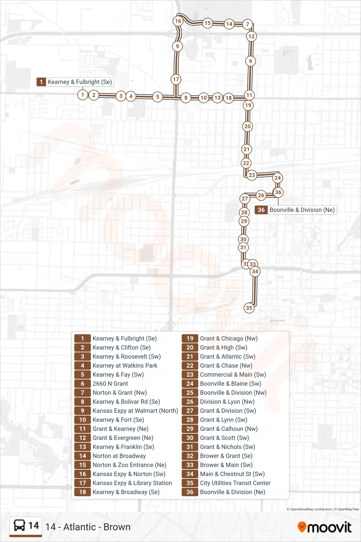 14 bus Line (14 - Atlantic - Brown) route and stops on a map