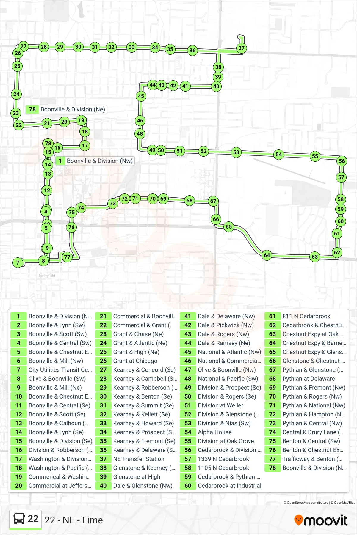 22 bus Line (22 - NE - Lime) route and stops on a map