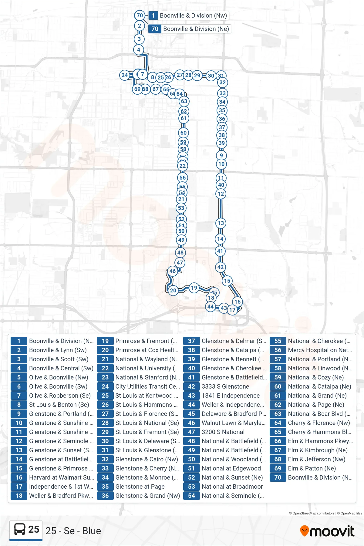 25 bus Line (25 - Se - Blue) route and stops on a map
