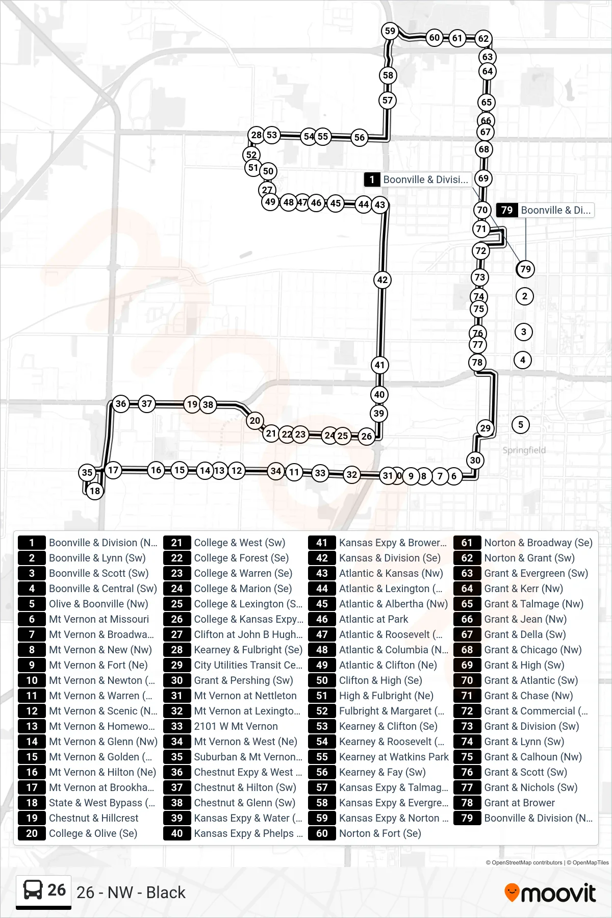 26 bus Line (26 - NW - Black) route and stops on a map
