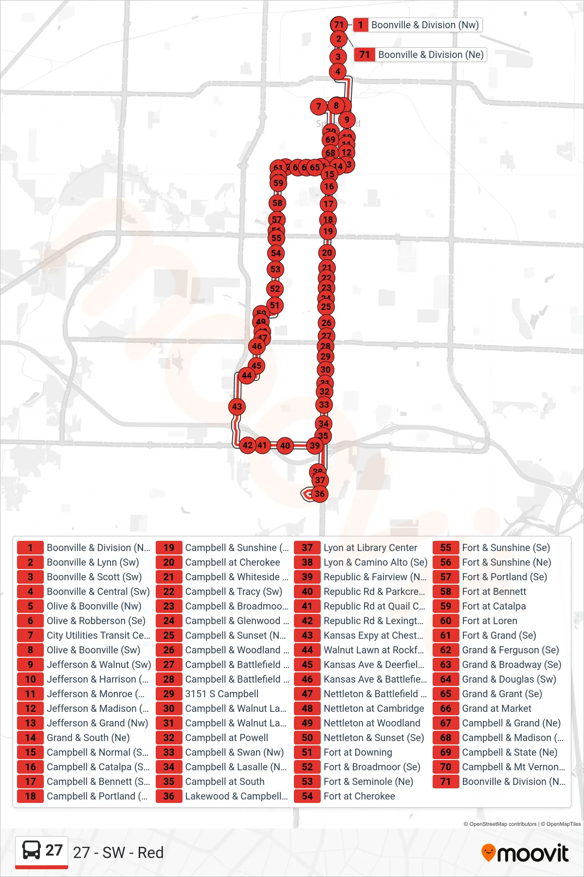 27 bus Line (27 - SW - Red) route and stops on a map