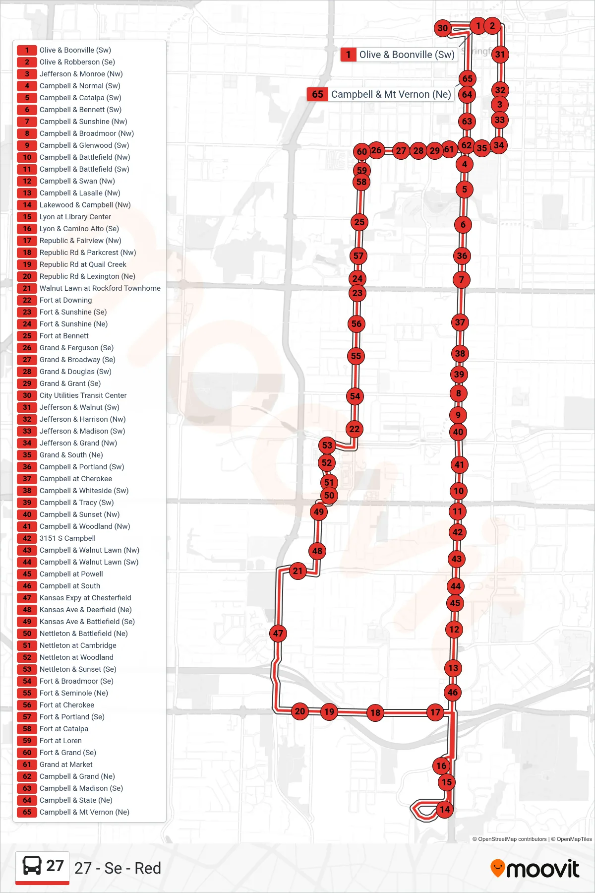 27 bus Line (27 - Se - Red) route and stops on a map