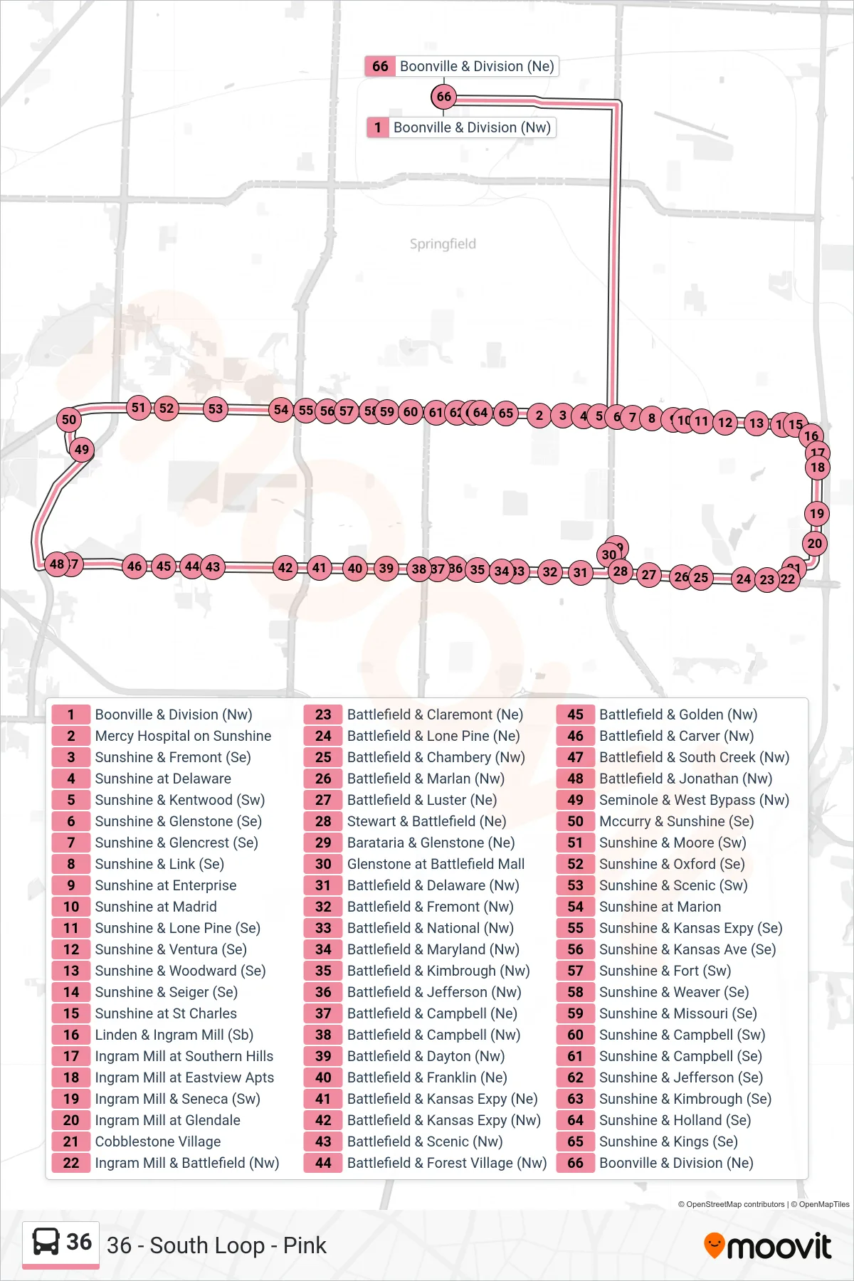 36 bus Line (36 - South Loop - Pink) route and stops on a map