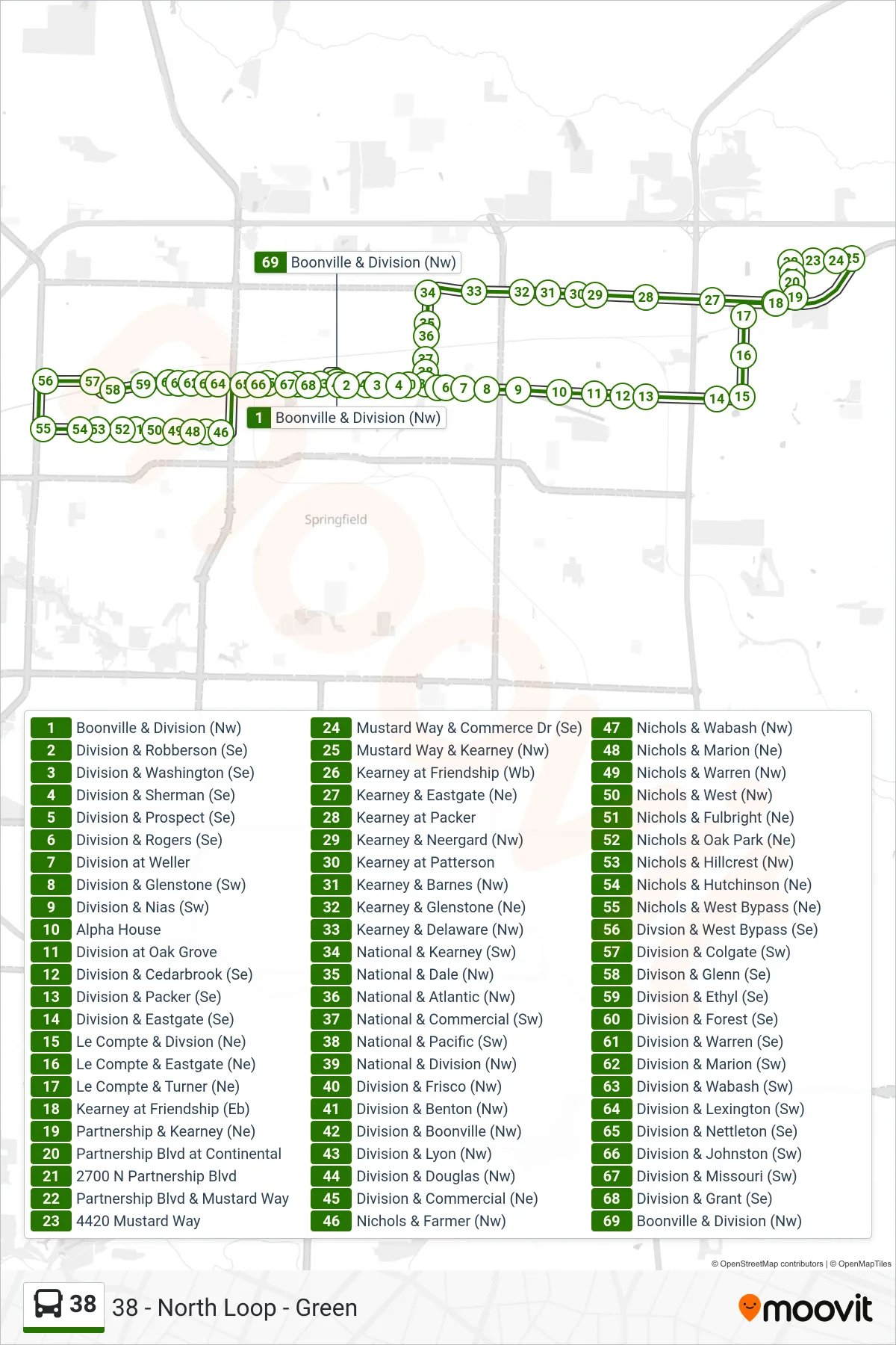 38 bus Line (38 - North Loop - Green) route and stops on a map