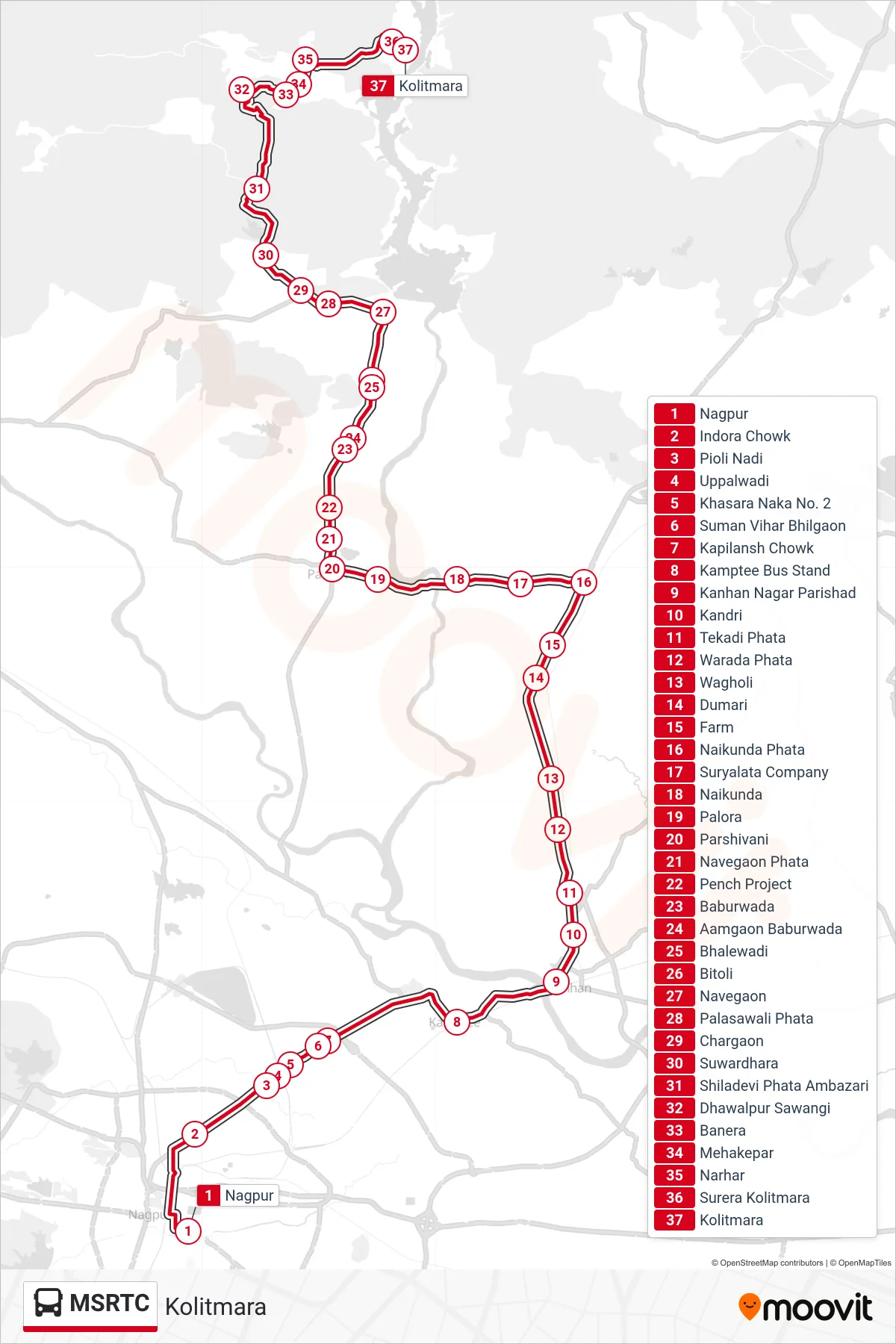 MSRTC bus Line (Kolitmara) route and stops on a map