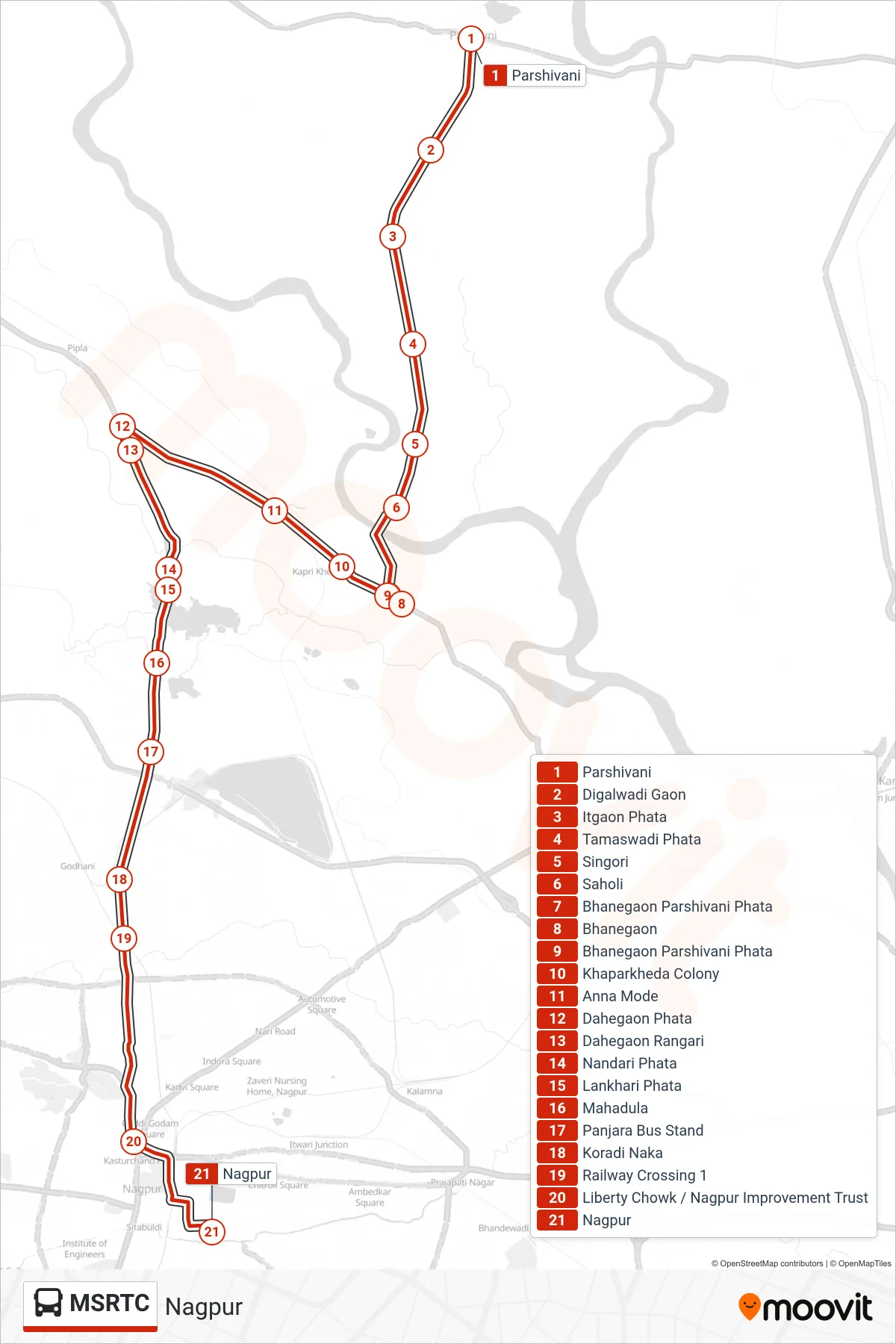 MSRTC bus Line (Nagpur) route and stops on a map