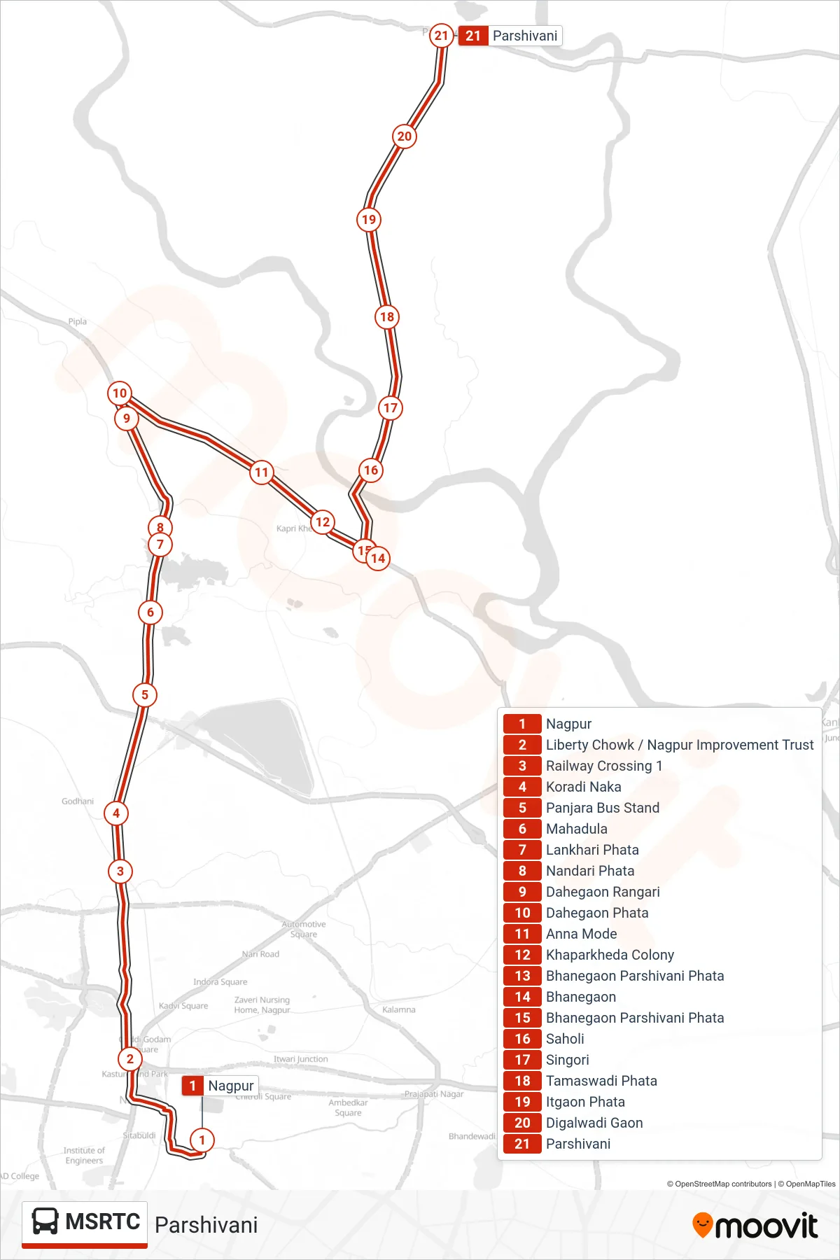 MSRTC bus Line (Parshivani) route and stops on a map