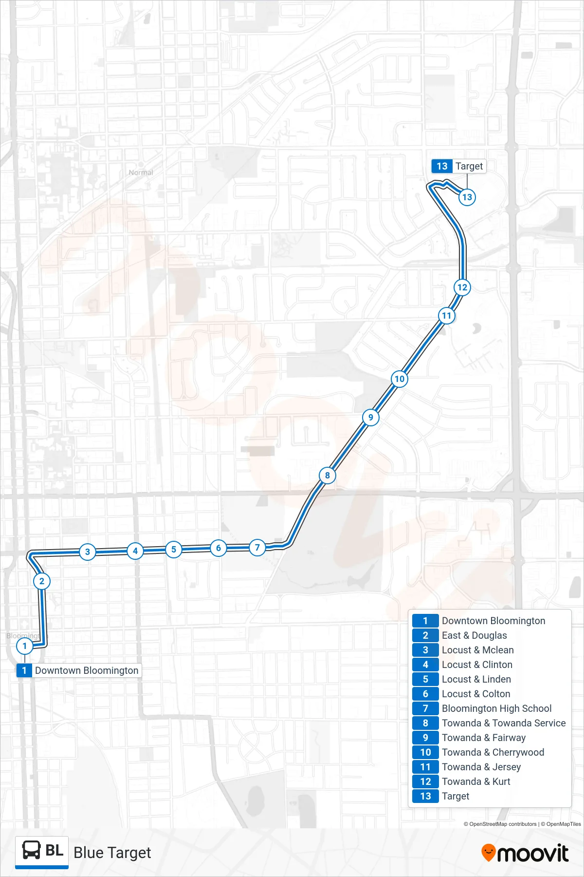 BL bus Line (Blue Target) route and stops on a map