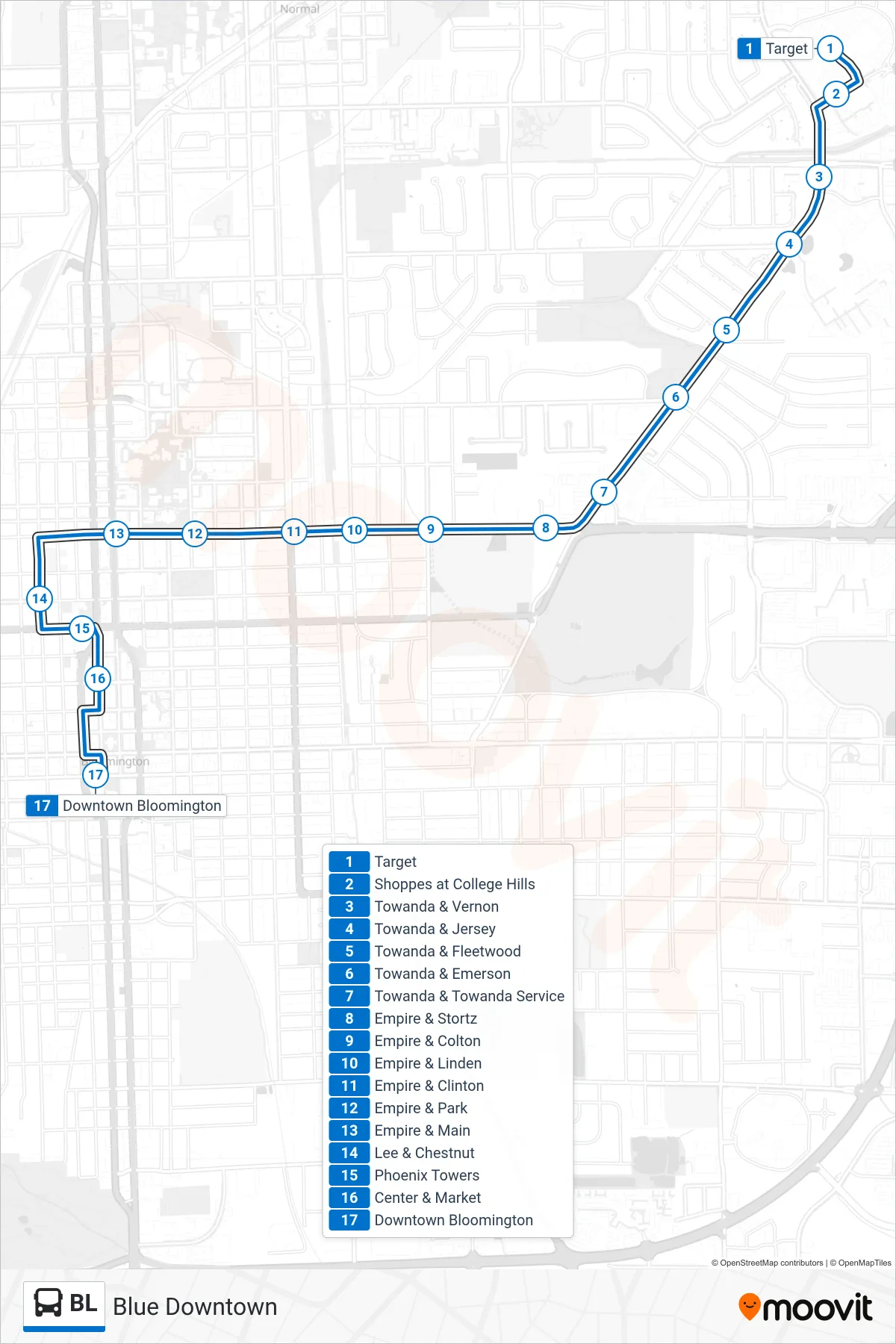BL bus Line (Blue Downtown) route and stops on a map