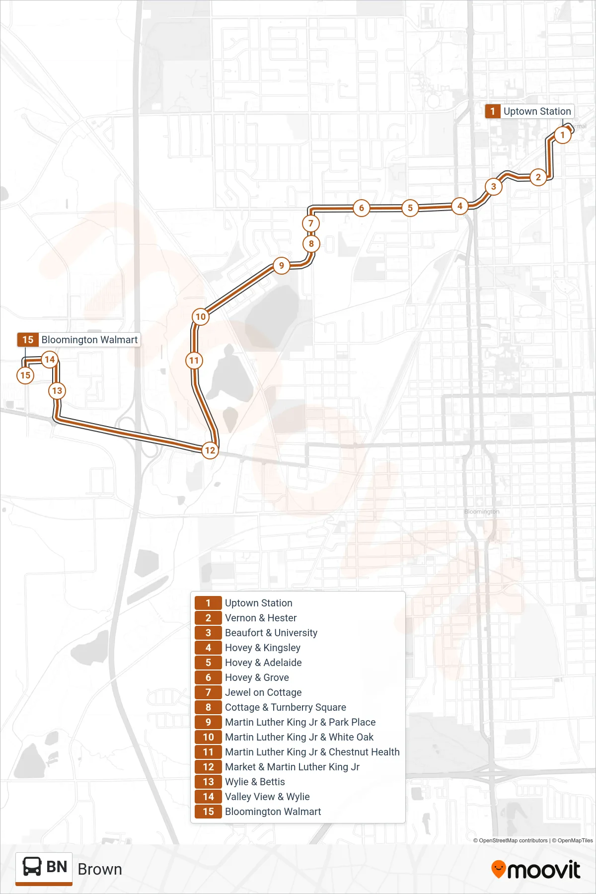 BN bus Line (Brown Walmart) route and stops on a map