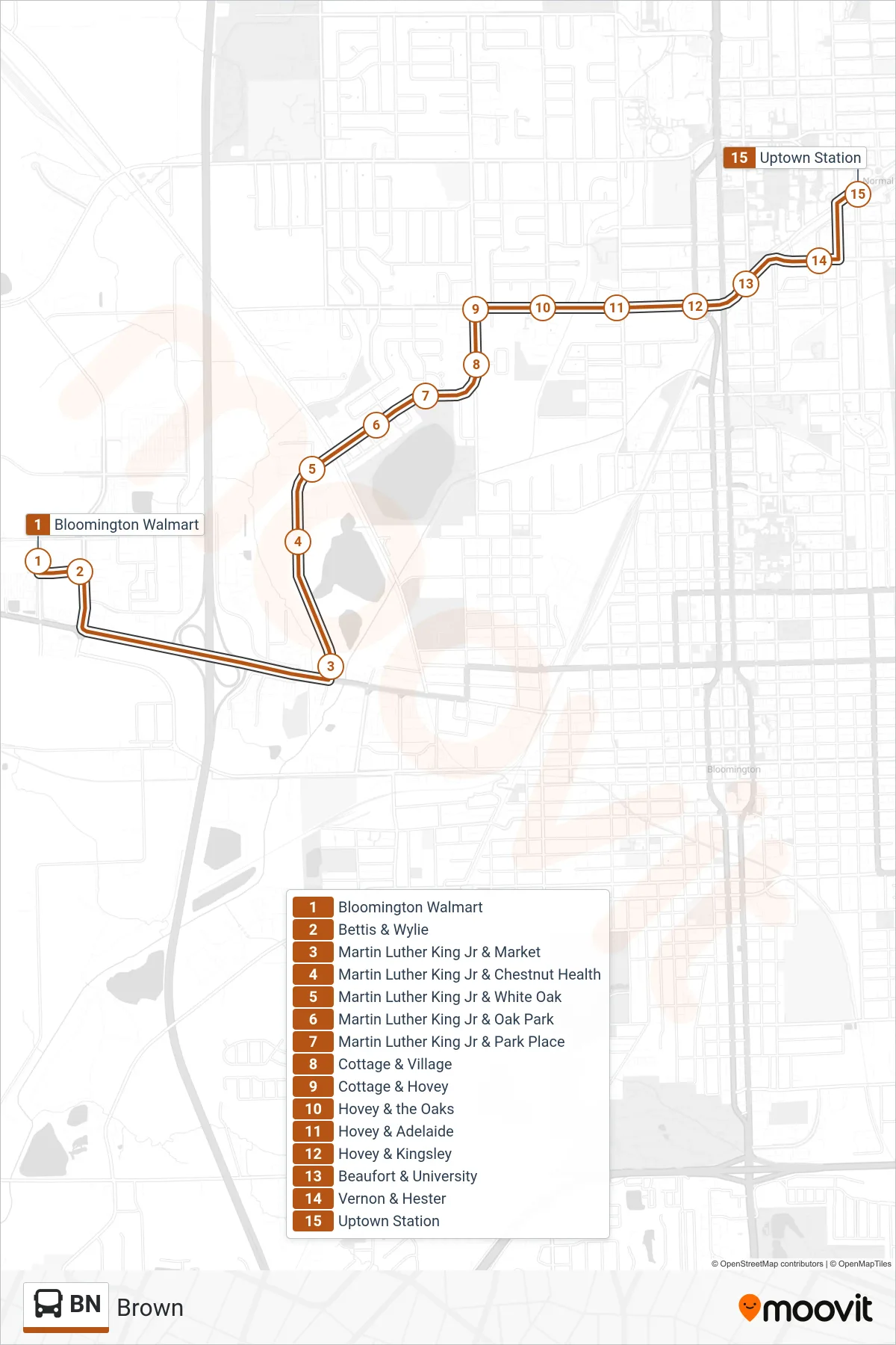 BN bus Line (Brown Uptown) route and stops on a map