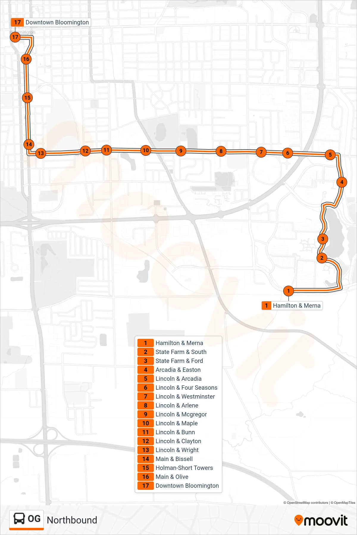 OG bus Line (Northbound) route and stops on a map