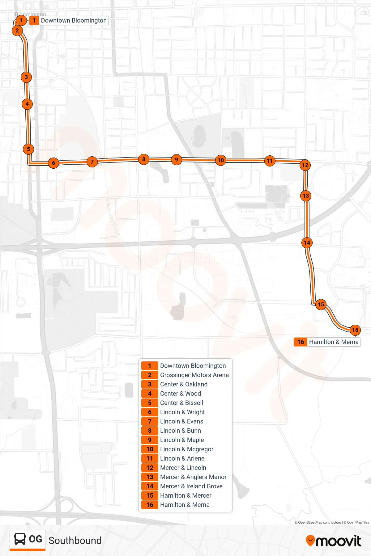 OG bus Line (Southbound) route and stops on a map