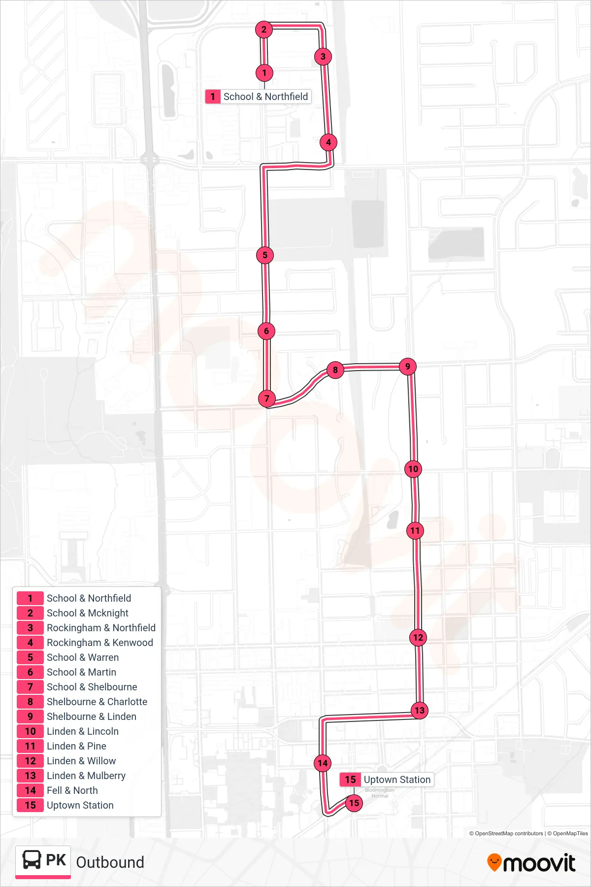 PK bus Line (Outbound) route and stops on a map