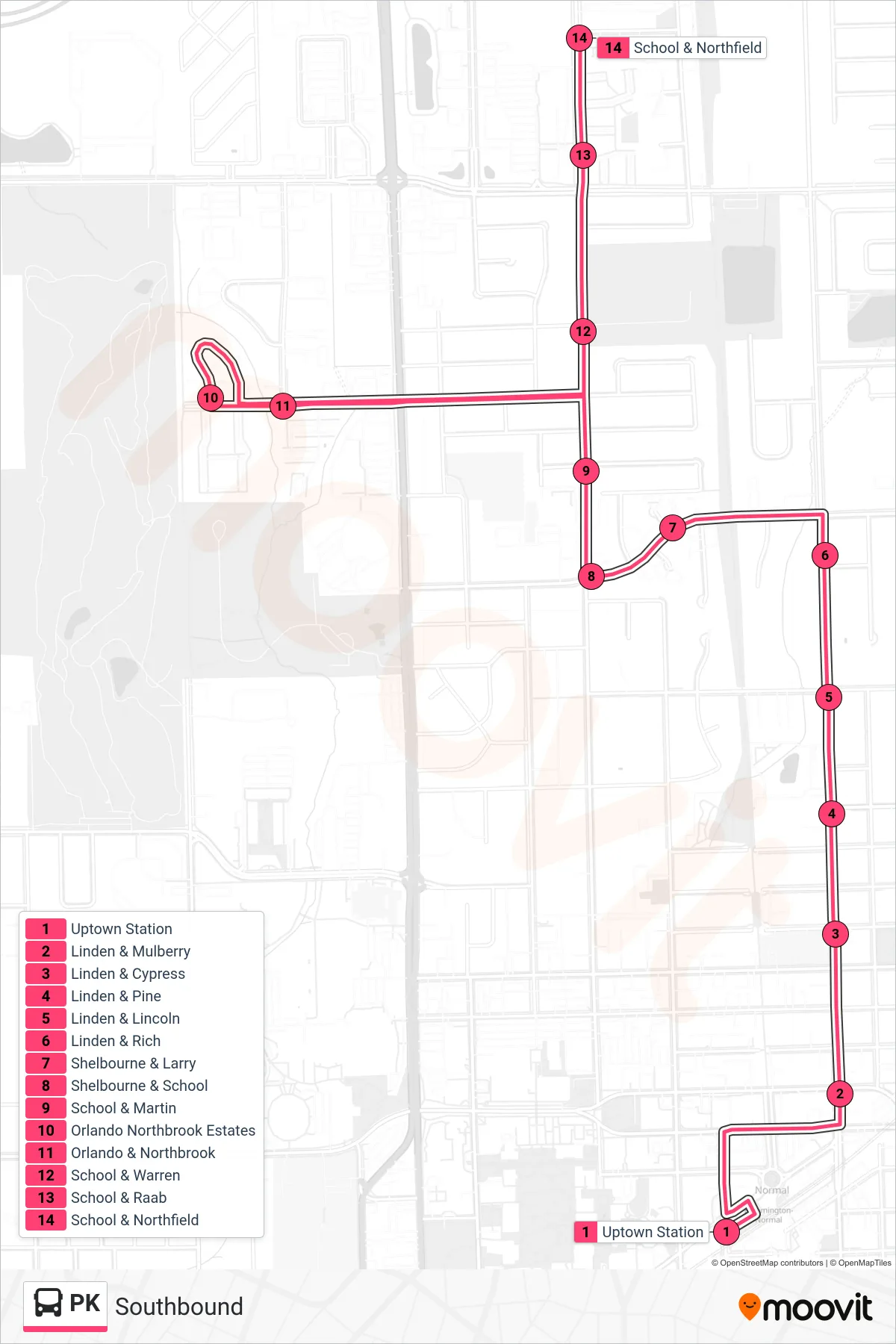 PK bus Line (Southbound) route and stops on a map