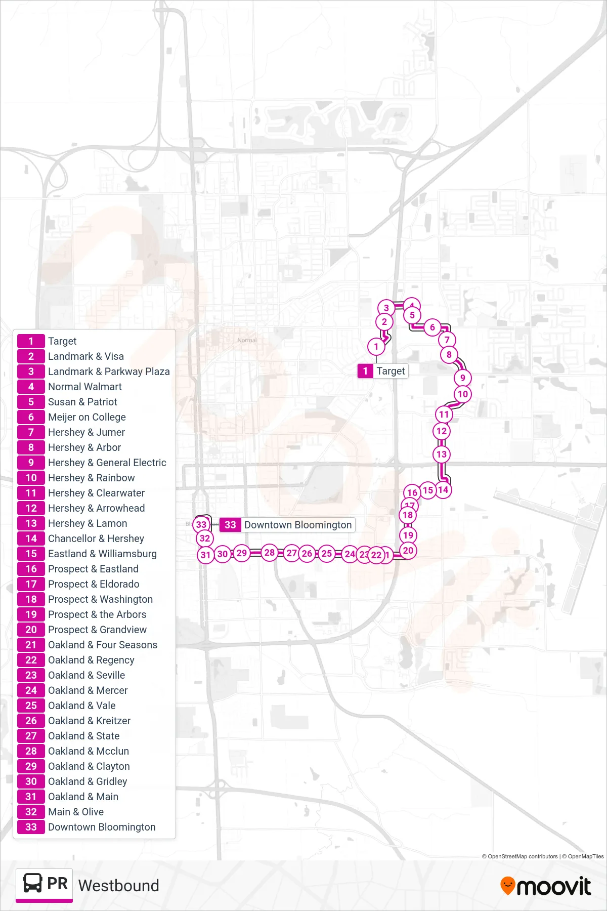 PR bus Line (Westbound) route and stops on a map